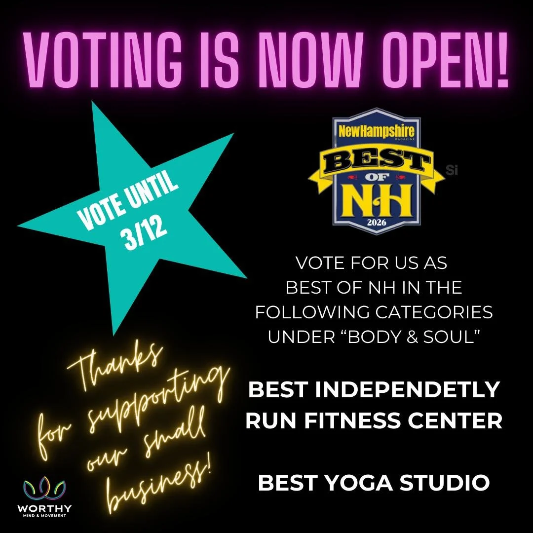 Rock your vote/support small biz! 💜

We have been nominated as Best Independently Run Fitness Center and Best Yoga Studio in New Hampshire Magazine's Best of NH 2026! (yay). 

Here's how you help our tiny studio succeed:
1. Cast your vote for us pri