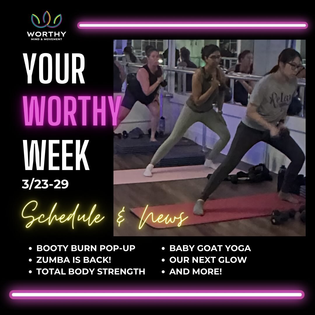 Booty Burn 🍑 / Zumba is BACK 💃 / Our Next Glow ✨!

Scroll through for this week &amp; beyond!

Also please note:
🎉 Adriana returns on Tuesday! 
💪 We are in the last few weeks of March Total Body Strength w/ Renee
🚫 There will be no 8 a.m. or 9 a