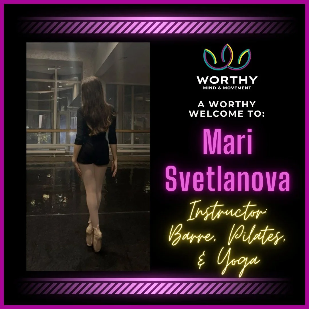 Let's give a very Worthy welcome to our newest instructor, Mari! 🌟

We are psyched to announce that Mari will be offering Mat Pilates (a longtime client request!), as well as additional Yoga and Barre Fitness! 

👋 MEET MARI:
Movement has been at th