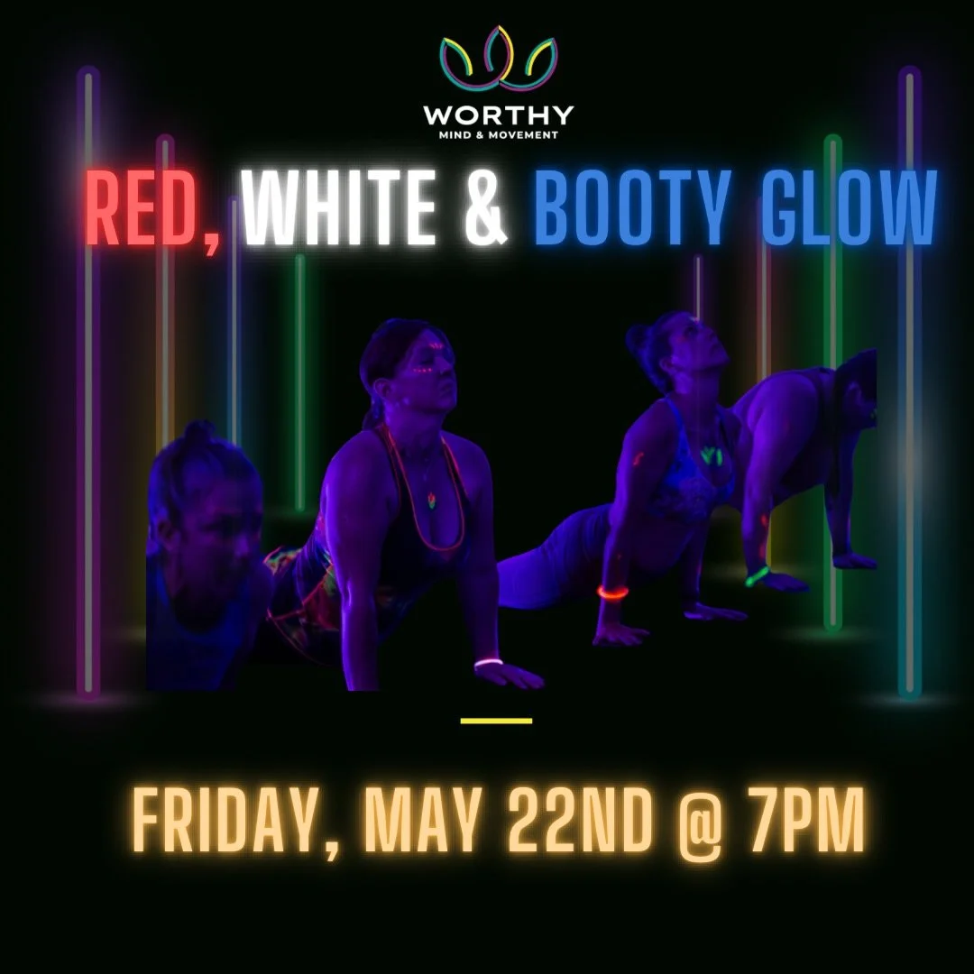 🇺🇸Kick off your holiday weekend and what most consider the start of summer the Worthy way: with a GLOW night!

❤️Join Renee for this themed Booty Burn session underneath the blacklights. Glow paint provided. 

🤍About Booty Burn: Booty Burn is a lo