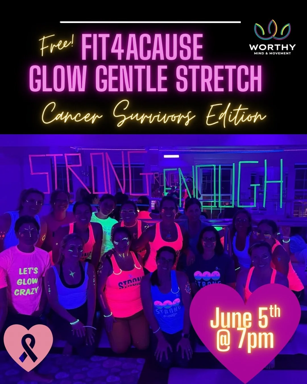 💕Cancer survivors and their guests are warmly invited to join us for a free Glow Gentle Stretch &amp; Flow class with Renee on Friday, 6/5 at 7 p.m! 

💕 This is a space to honor your strength, resilience, and journey through movement, breath, and c