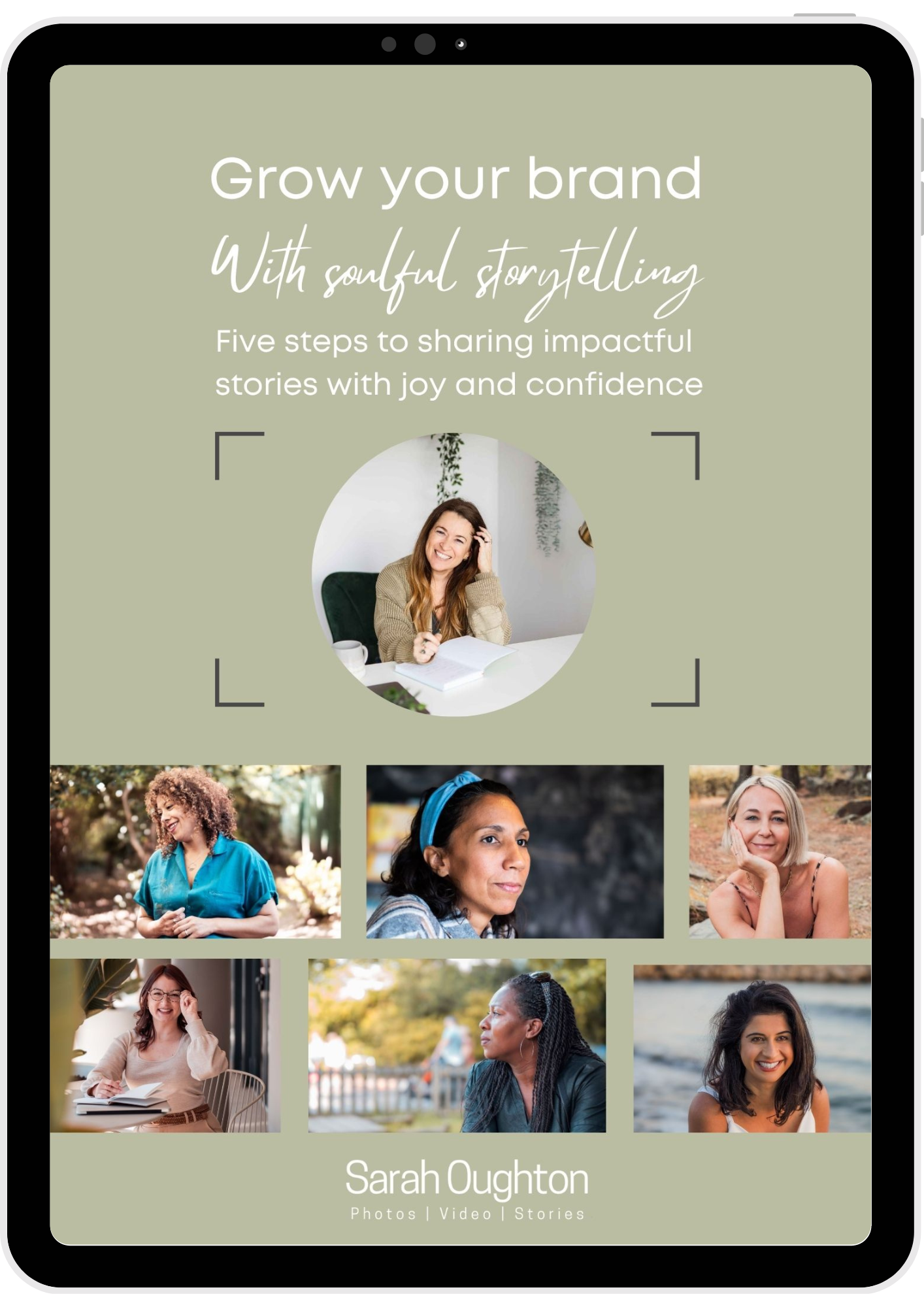 Digital cover promoting storytelling with the text 'Grow your brand with soulful storytelling' and five portraits of women in various settings.