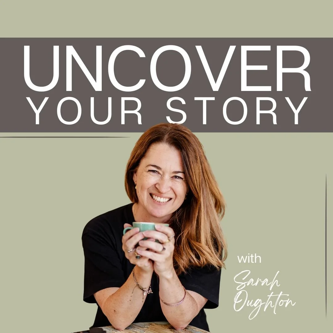 Promotional cover image for 'Uncover Your Story' with Sarah Oughton, featuring a smiling woman with reddish-brown hair holding a mug.