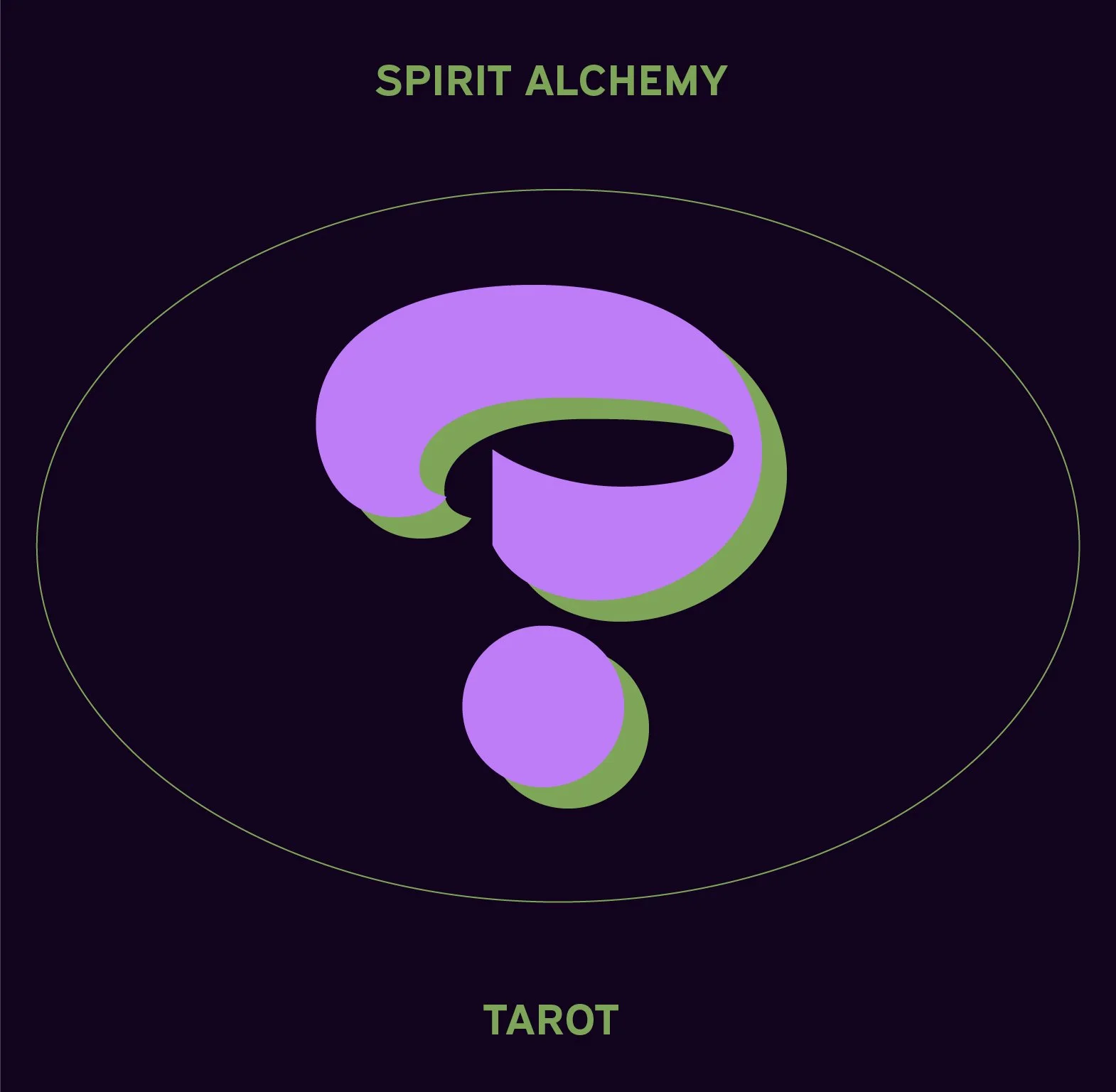 Digital illustration featuring a purple question mark with green accents on a dark background, labeled 'Spirit Alchemy' at the top and 'Tarot' at the bottom.