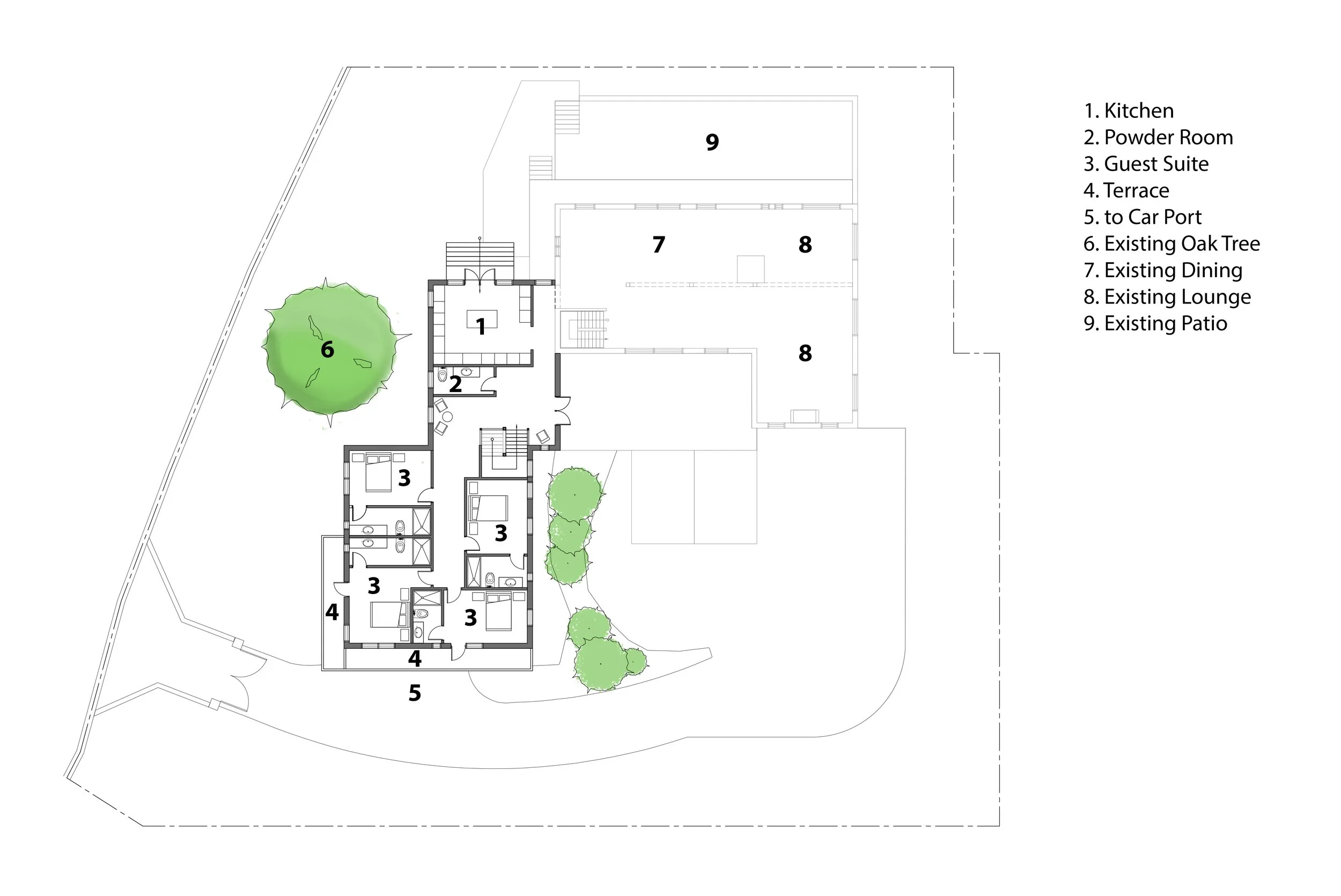 Architectural floor plan with labeled areas: kitchen, powder room, guest suite, terrace, car port access, existing oak tree, dining, lounge, and patio.