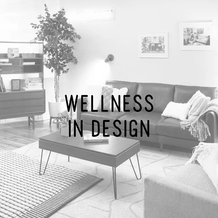 Modern living room design with text 'Wellness in Design.'