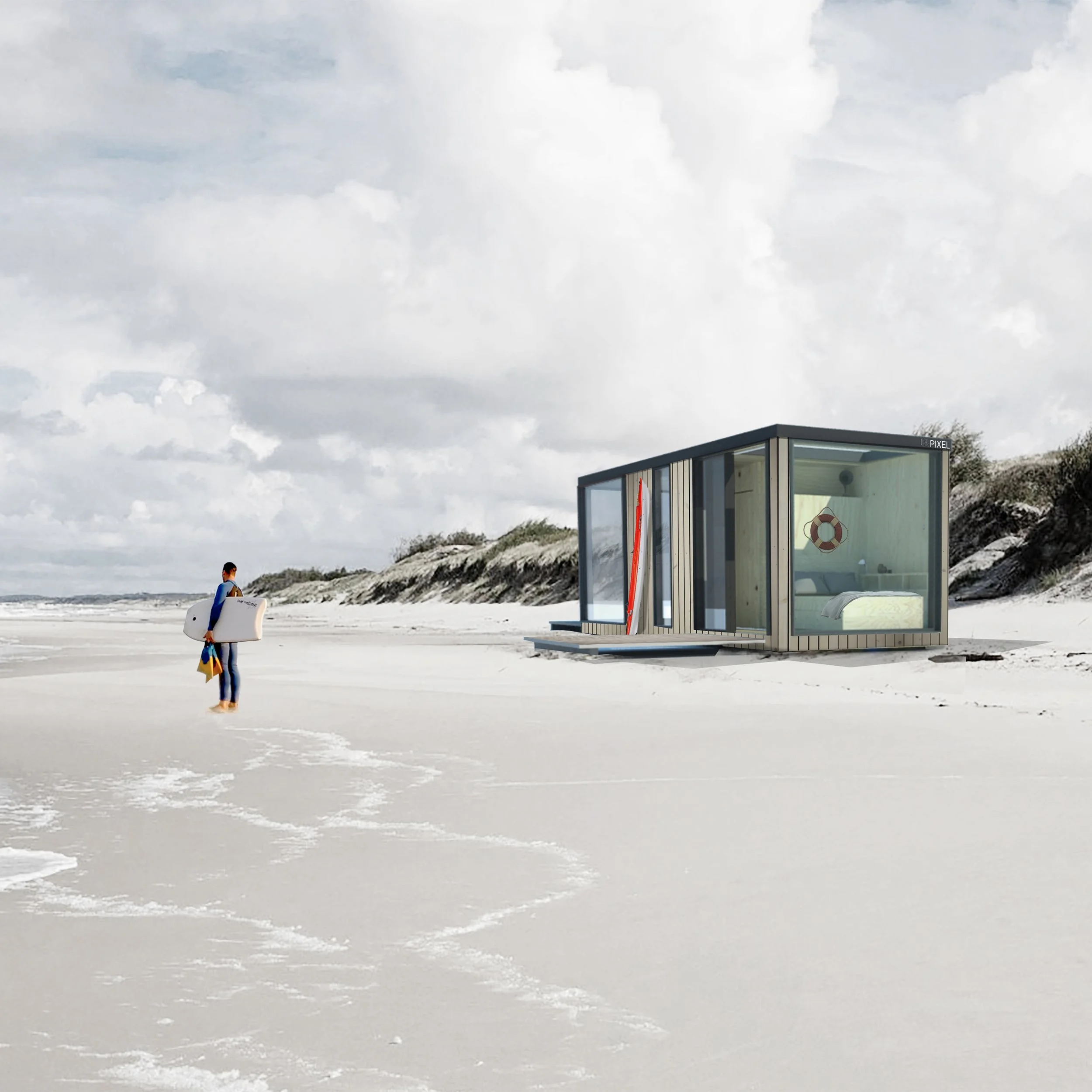 Modern beach cabin with glass walls on sandy shore, person holding surfboard nearby, overcast sky.