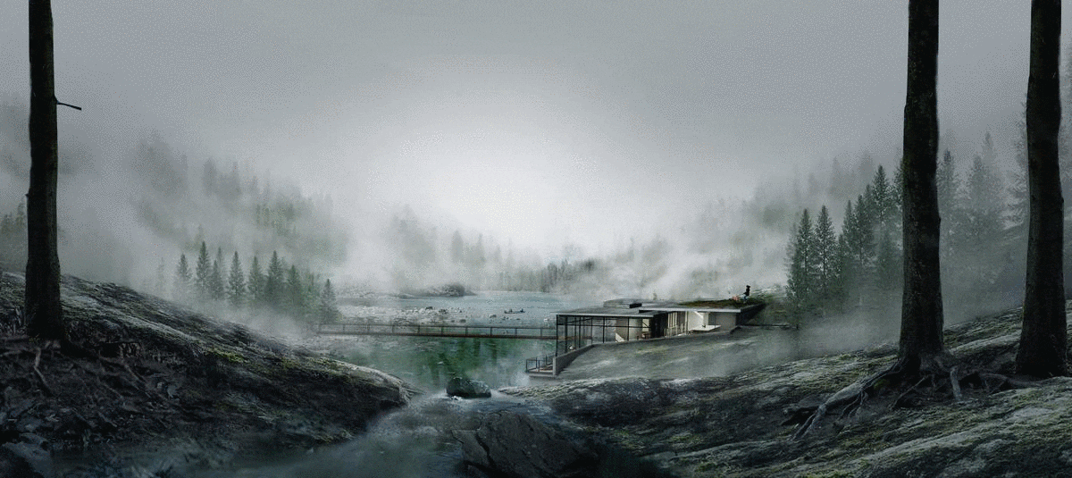 Modern house in foggy forest landscape with river and bridge