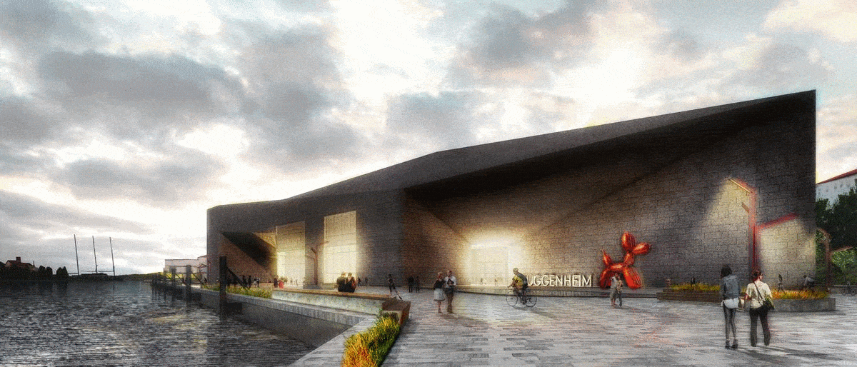 Modern architectural building by waterfront, possibly a museum, with sculpture and people walking.