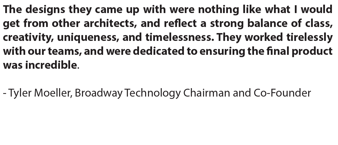 Text testimonial by Tyler Moeller praising architectural designs for creativity and uniqueness.