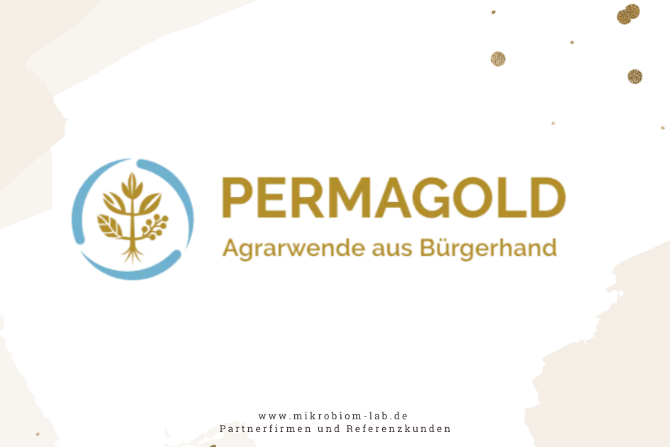 Logo für PERMAGOLD mit dem Slogan "Agrarwende aus Bürgerhand" und einer Website-Adresse www.mikrobiom-lab.de