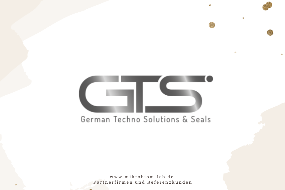 Logo von GTS, German Techno Solutions & Seals, mit schwarzem Schriftzug, auf weißem Hintergrund mit goldenen Spritzern