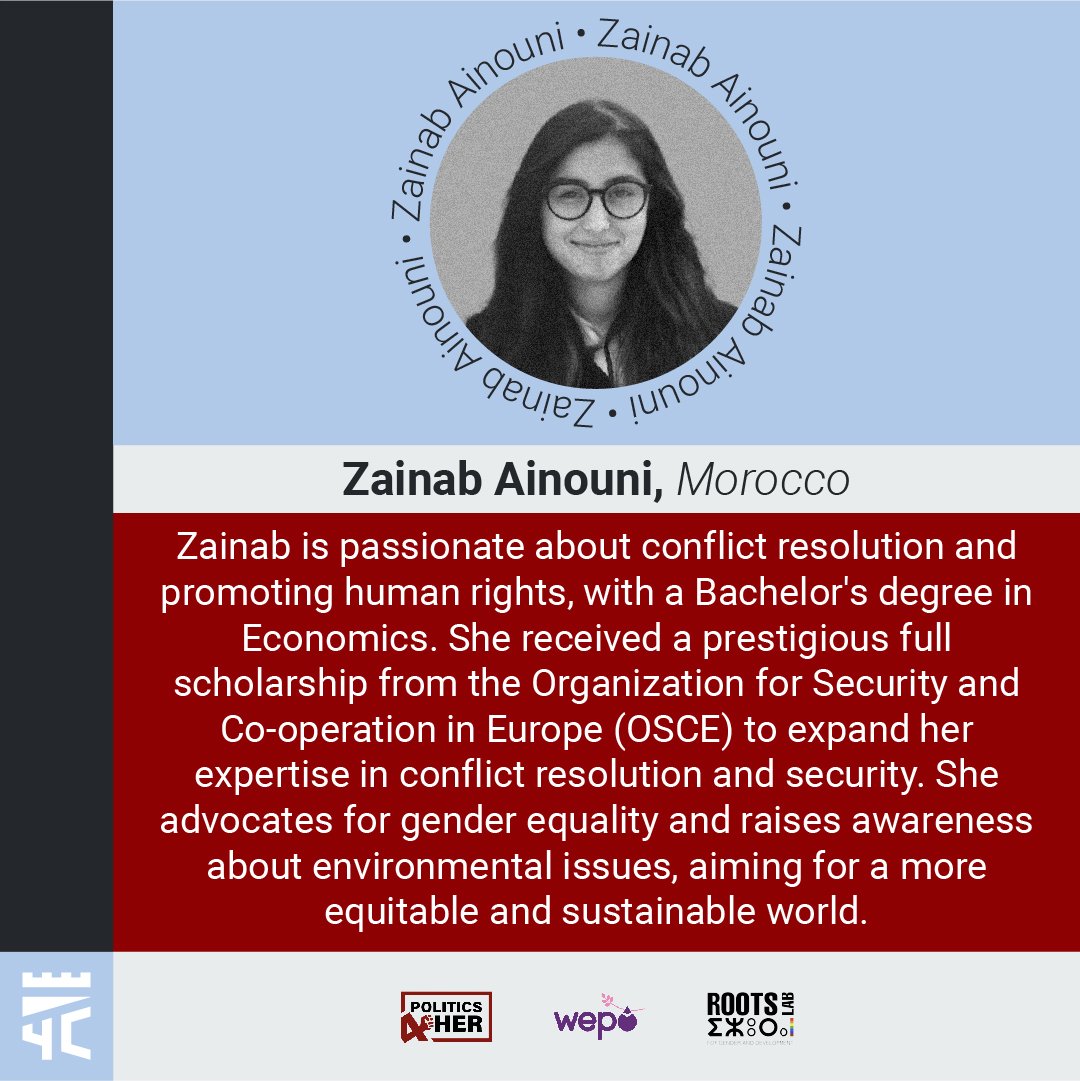 Profile picture of Zainab Ainouni, a woman with dark hair and glasses, smiling. Text describes her as being from Morocco, passionate about conflict resolution, human rights, with a degree in Economics, and a scholarship from the Organization for Security and Co-operation in Europe. She advocates for gender equality and environmental issues. The background includes logos of Politics & HER, Wepo, and Roots Lab.