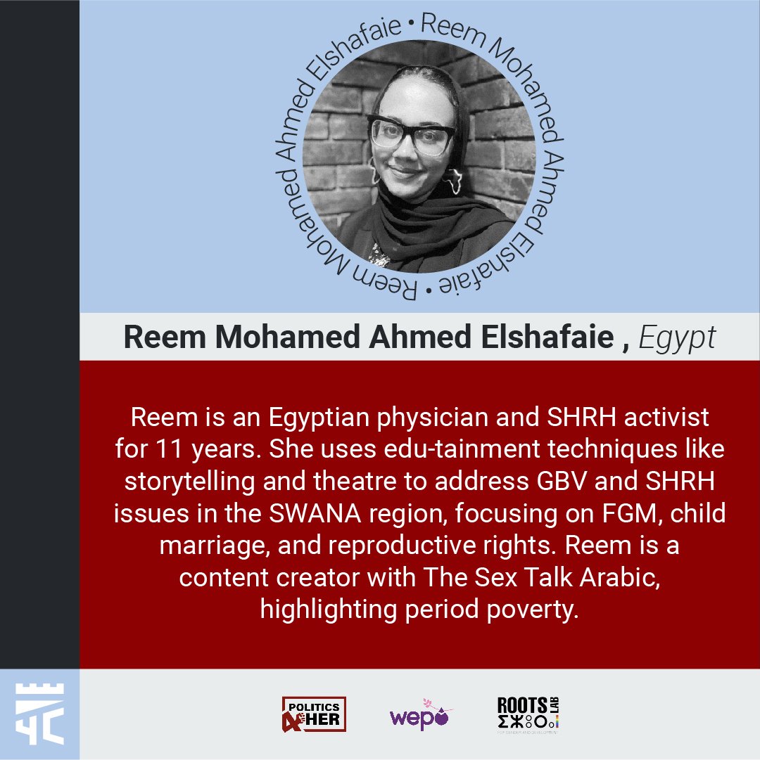 Profile picture of Reem Mohamed Ahmed Elshafaie smiling, wearing glasses and a headscarf, with a brick wall background. Text introduces her as an Egyptian physician and activist working on gender-based violence and reproductive rights.