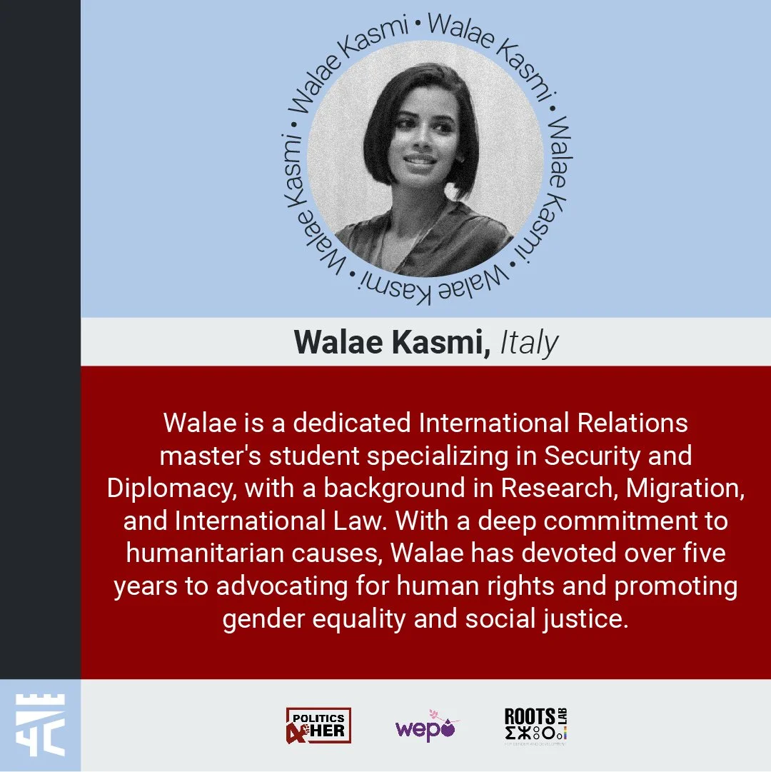 Profile card of Walae Kasmi, an Italian international relations master's student, featuring her photo in a circular frame with her name and occupation, and a description of her academic background and activism. Logos of Politics for Her, Wepo, and Roots Lab are at the bottom.