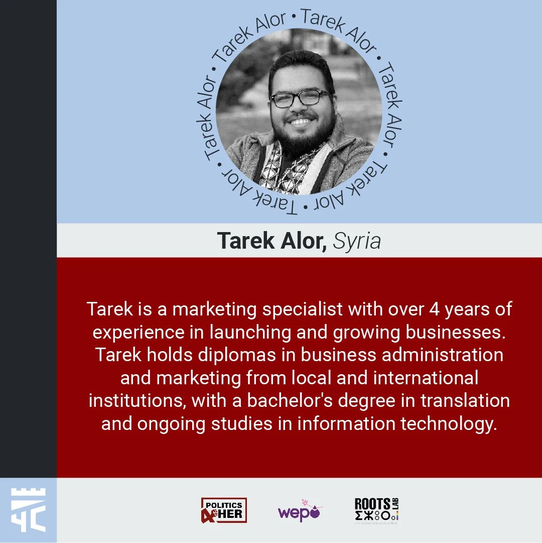 Profile card of Tarek Alor from Syria, featuring a black and white photo of him smiling and wearing glasses, set against a blue background with a circular border. The card includes a brief bio about his experience in marketing and education, with logos at the bottom for Politics & Her, Wepo, and Roots Lab.