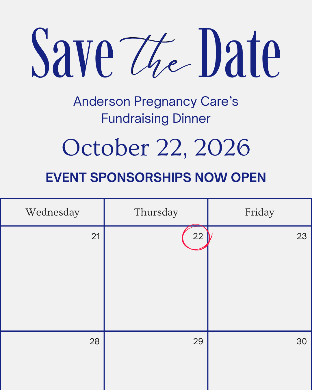 Save the date announcement for Anderson Pregnancy Care's fundraising dinner on October 22, 2026, with a calendar highlighting October 22.