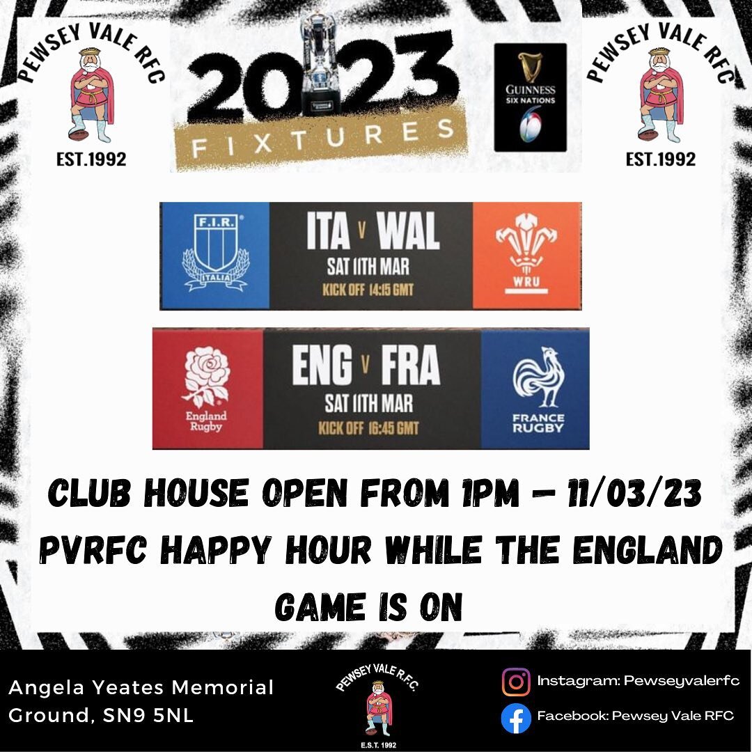 🔵🔴⚪️ LAST PEWSEY GAME OF THE SEASON, ITALY V WALES AND ENGLAND V FRANCE ON THE BIG SCREEN 🏴󠁧󠁢󠁥󠁮󠁧󠁿🇫🇷🏴󠁧󠁢󠁷󠁬󠁳󠁿🇮🇹

2 x CANS OF FOSTERS FOR &pound;5 🍻🍺

Club is open from 1pm, six nations on all day, Pewsey kick off TBC ⏰

Don&rsquo;t