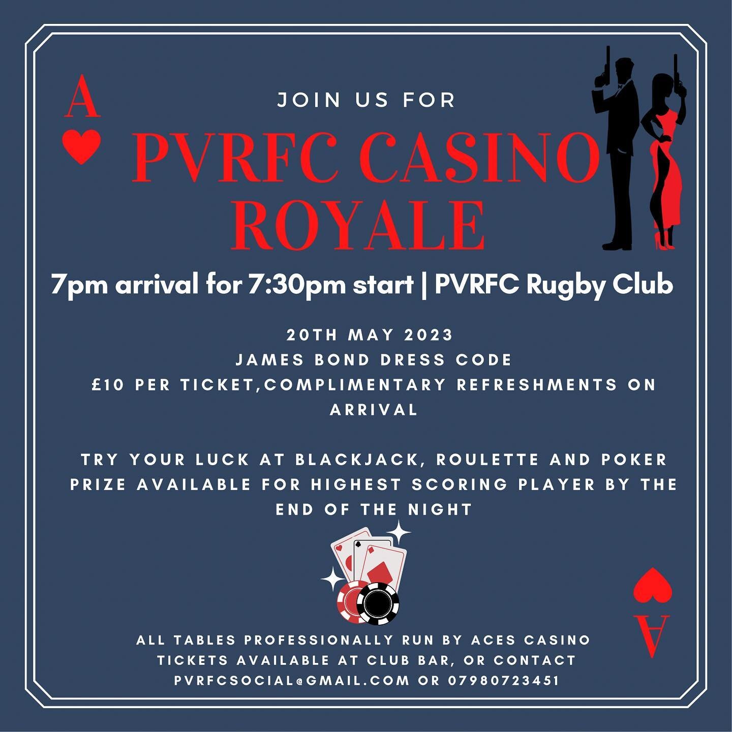 &hearts;️&spades;️&diams;️&clubs;️ PVRFC Casino Royale &hearts;️&spades;️&diams;️&clubs;️

Just because the season is over doesn&rsquo;t mean the fun has to stop! 🍸 

Come and join us for a James Bond Casino night 20th May at Pewsey Vale Rugby Club.