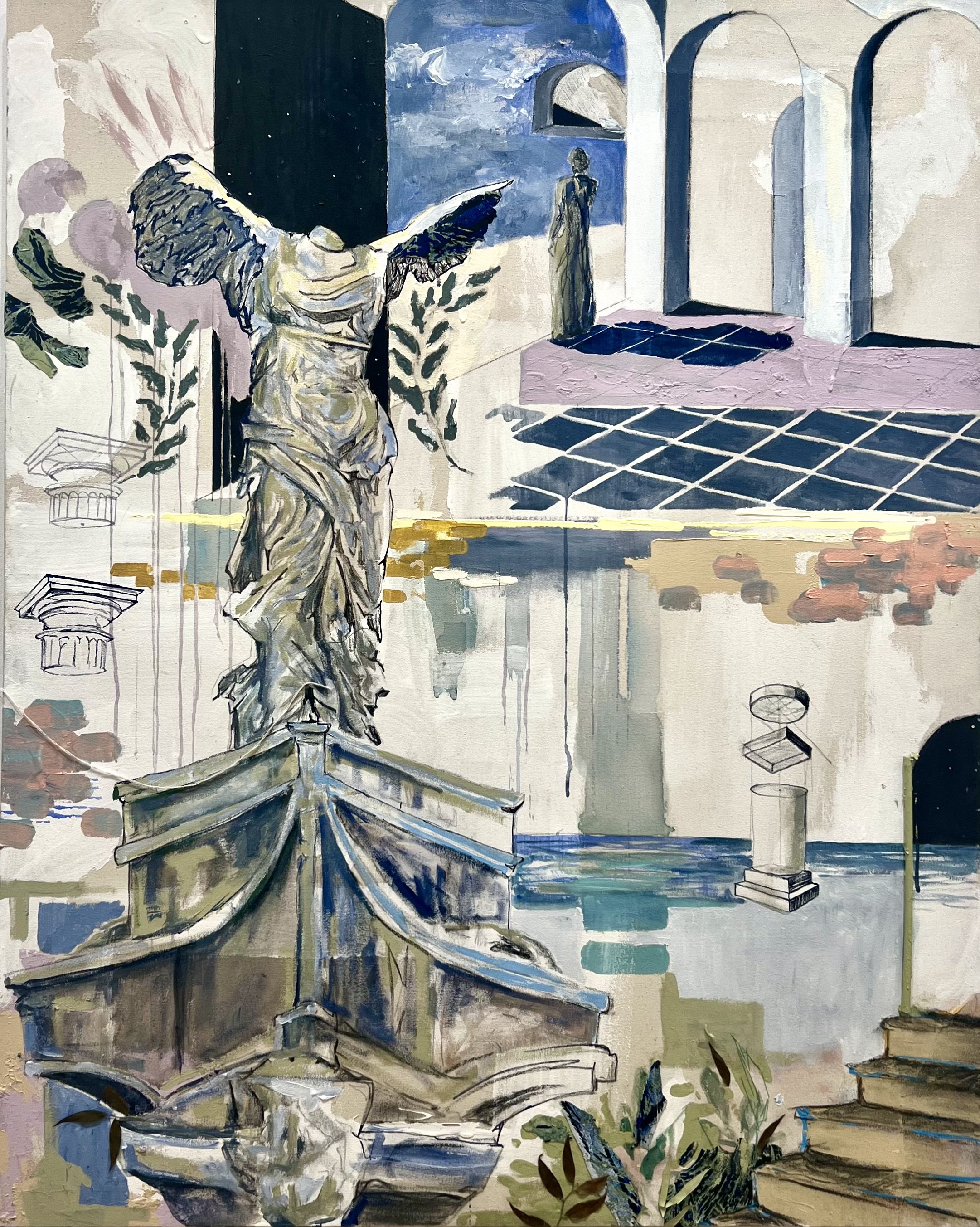 Infinity Goes Up On Trial //
39.5 x 49.5 inches //
Acrylic, Oil Pastel, Mirror, Dried Leaf, Straw, Embroidered Thread on Canvas //
February 2023