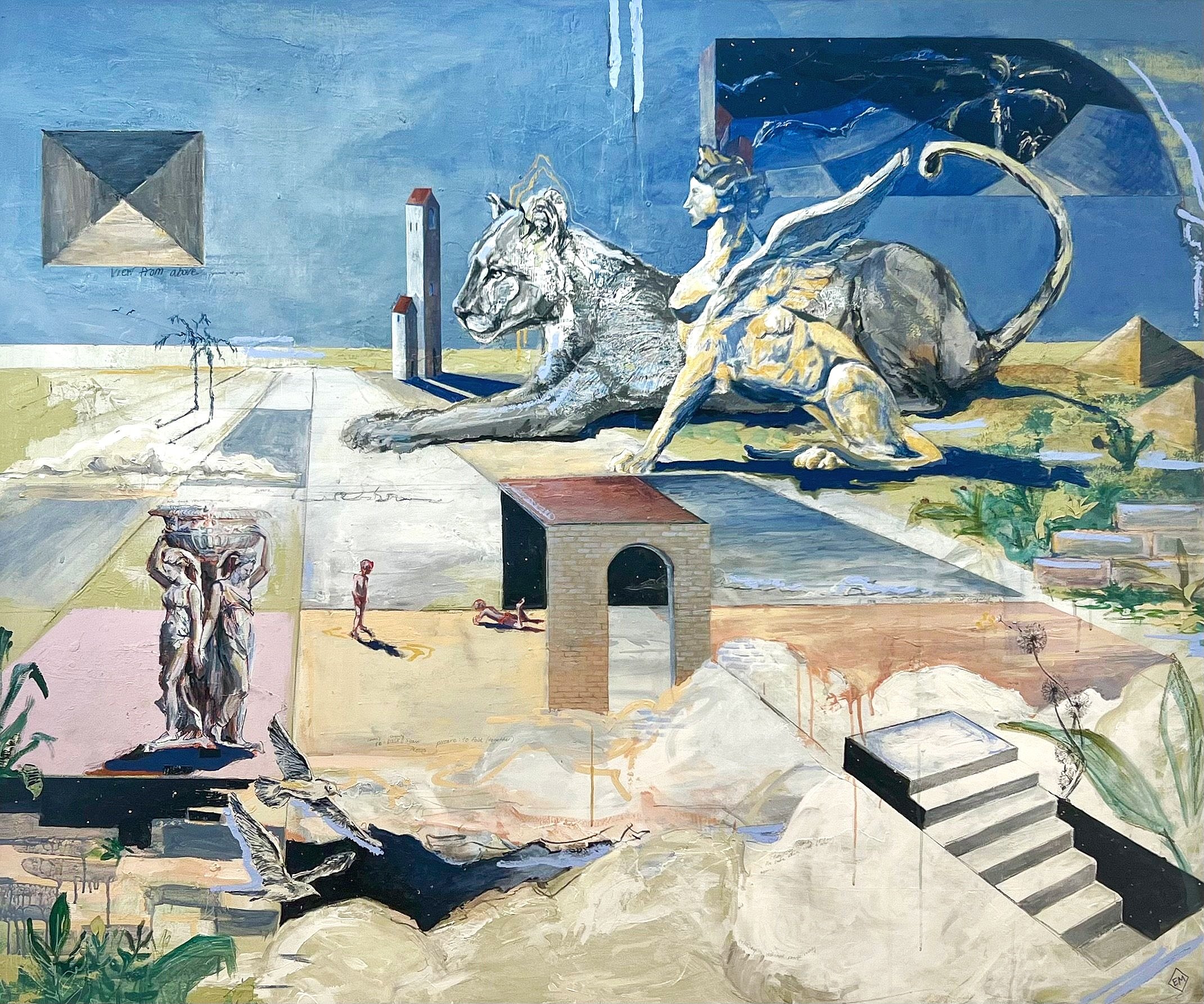 Bedtime Stories //
84 x 72 inches //
Acrylic, Oil Pastel, charcoal, graphite on canvas //
June 2023
I found this 6 ft x 7 ft canvas in the trash lot near my apartment