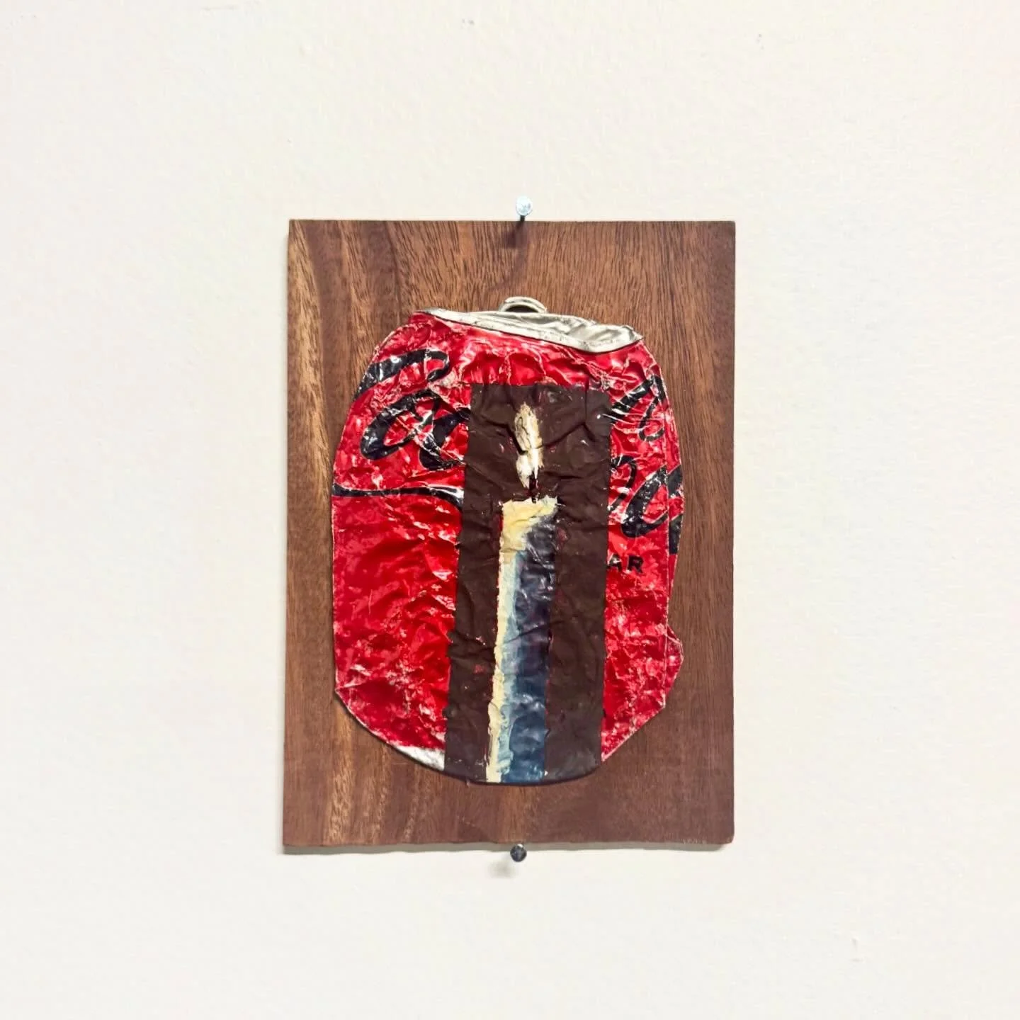 (Profane illumination), acrylic on found Coca Cola can, mounted on scrap mahogany from the woodworking studio 1 floor below mine
