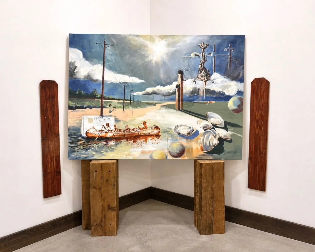 Domestic Residues, oil and acrylic on canvas, 56 in x 40 in // installed with found fence