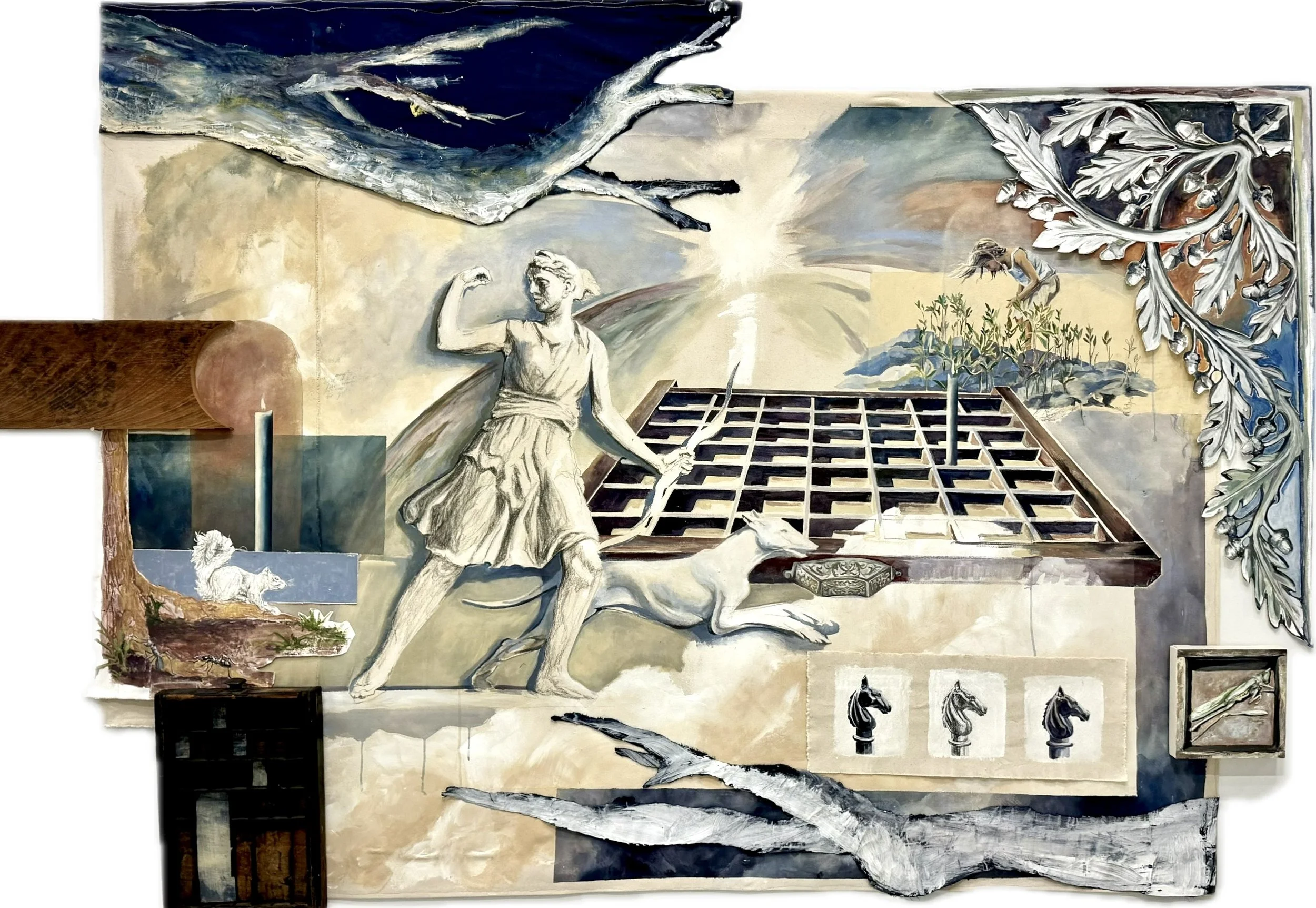 Mixed media painting collage of artists process, uses wood, fabric scraps, oil paint, charcoal, typecase