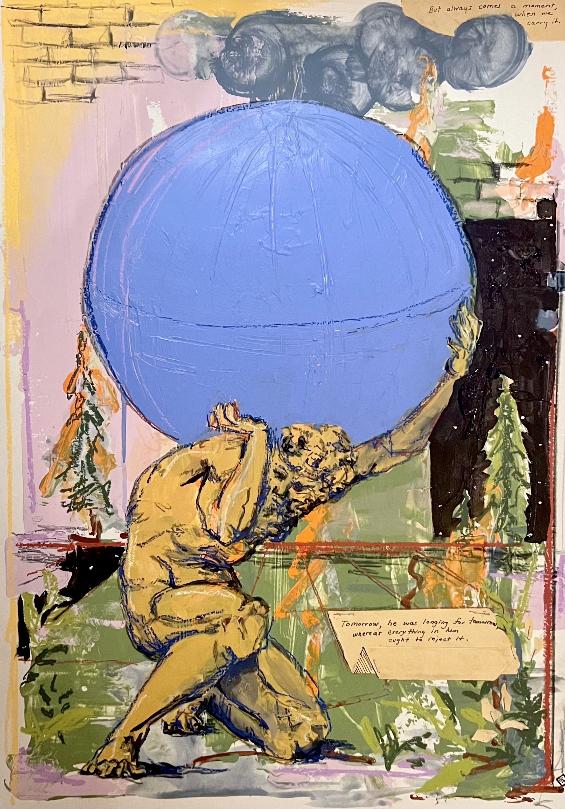 The Atlas of Sisyphus //
20.5 x 28.5 inches (with frame) //
Acrylic, Tea-stained Paper, Oil Pastel on Poster-board //
May 2023