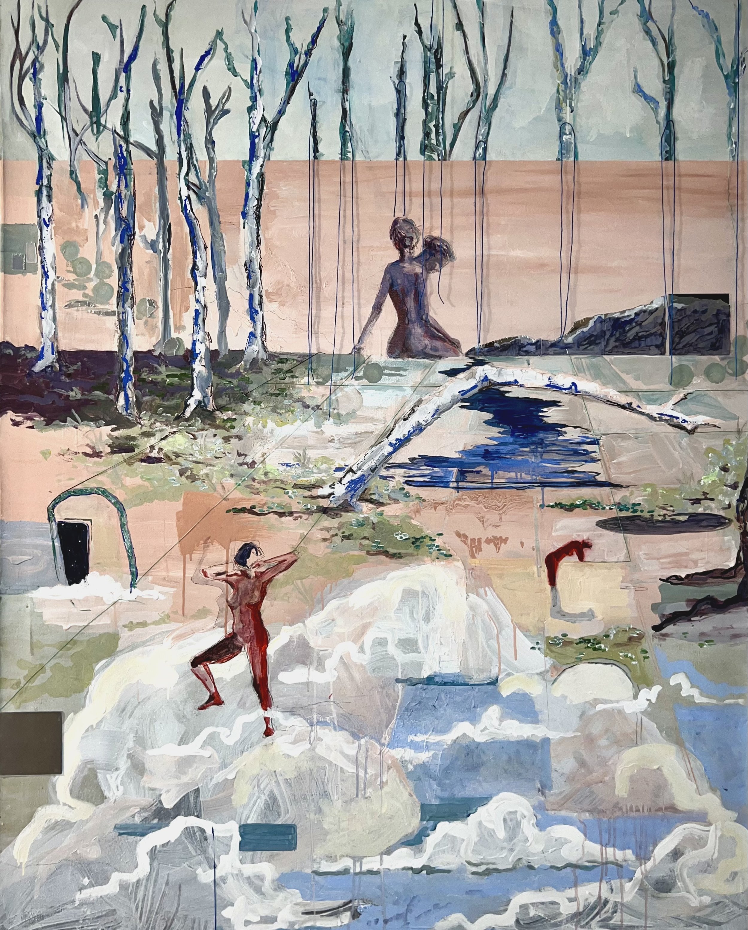 Rage and Rumination // 7 ft x 5.5 ft // Acrylic, pencil, thread, & mirror shards on canvas // May 2022