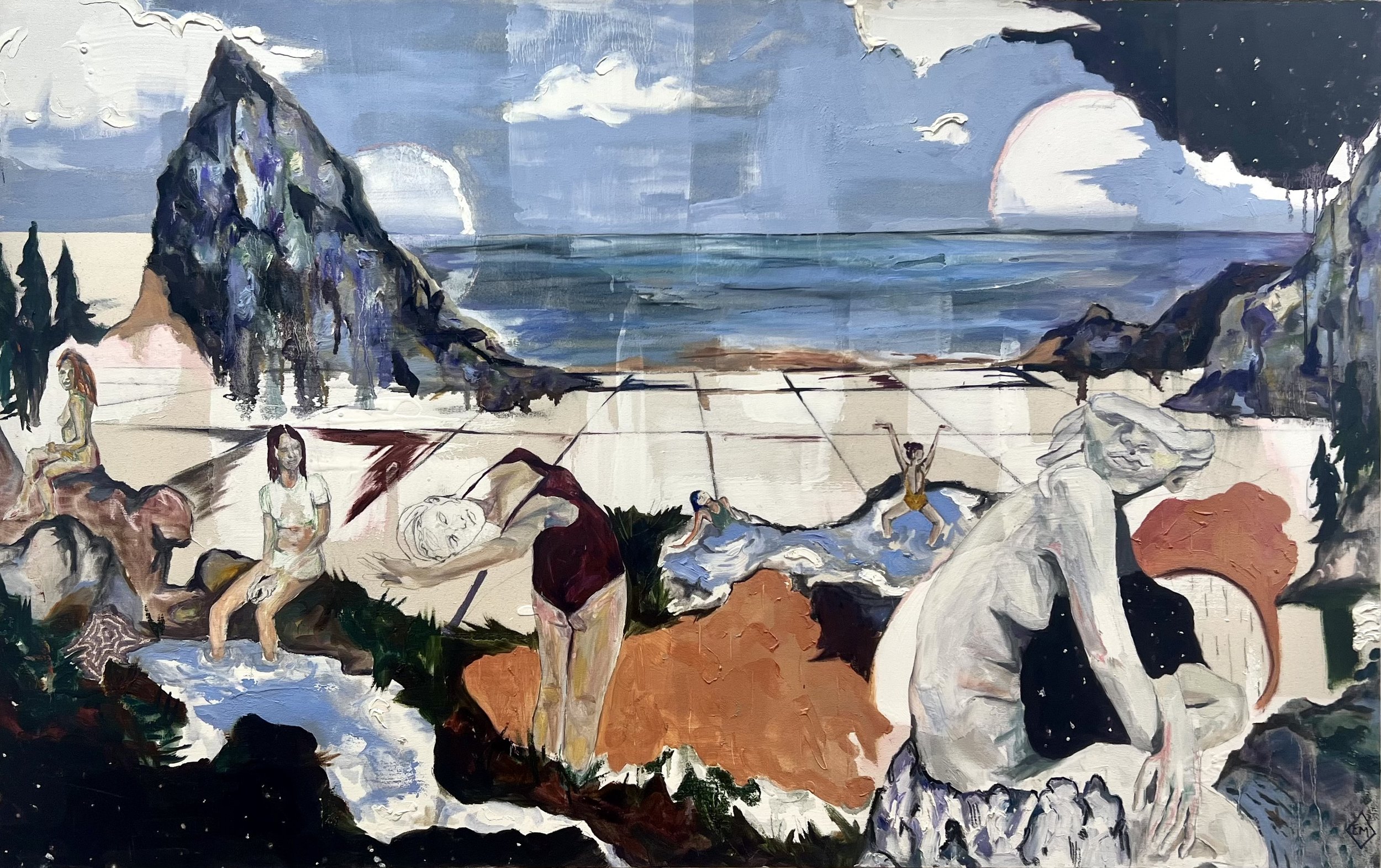 Rainbow Faces in the Sand // 34 x 58 inches // Oil on Canvas // 2019