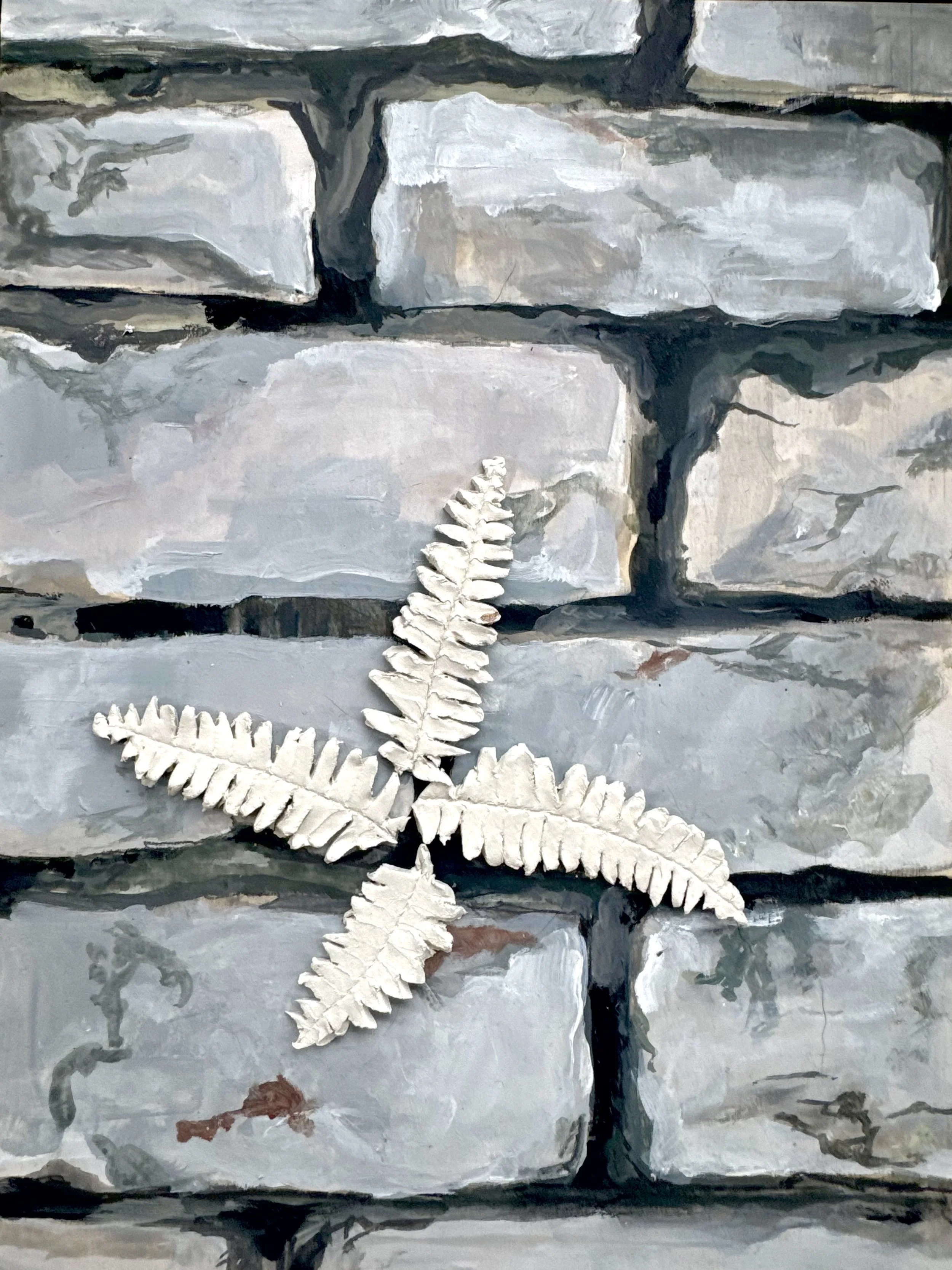 Growth In the Cemetery // Ceramic and gouache on wood panel // 9" x 12" x 3"