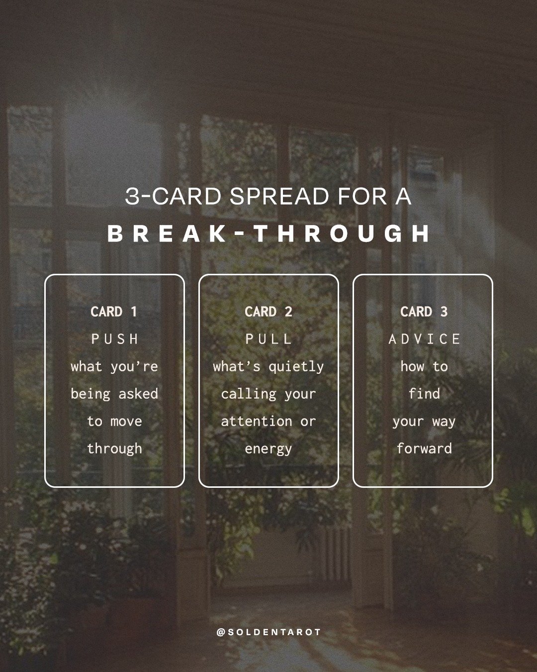 ready for a breakthrough? 🌿

this 3-card spread came through for me on the summer solstice and it landed.
soft, simple, and deeply clarifying &mdash; perfect for when you&rsquo;re on the edge of something but not sure what it is or how to move throu