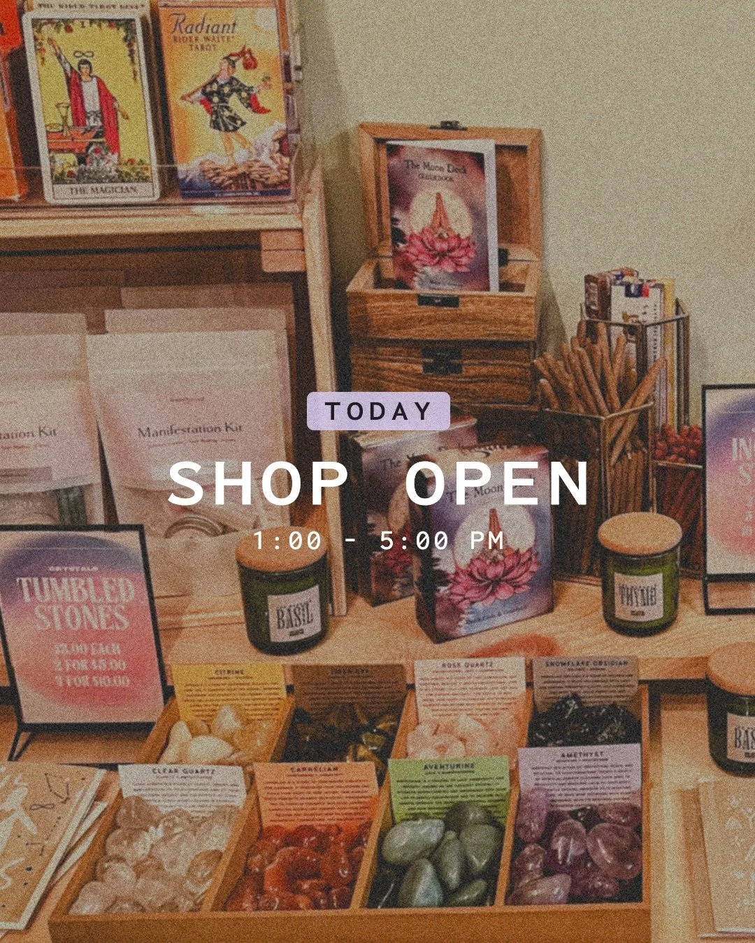 OPEN TODAY!

come stop by + soak up some good vibes ✨
there&rsquo;s tarot decks, crystals, candles, and all the little ritual things calling your name.

if your altar&rsquo;s calling for something new, you&rsquo;ll find it here.

1&ndash;5 pm
📍163 m