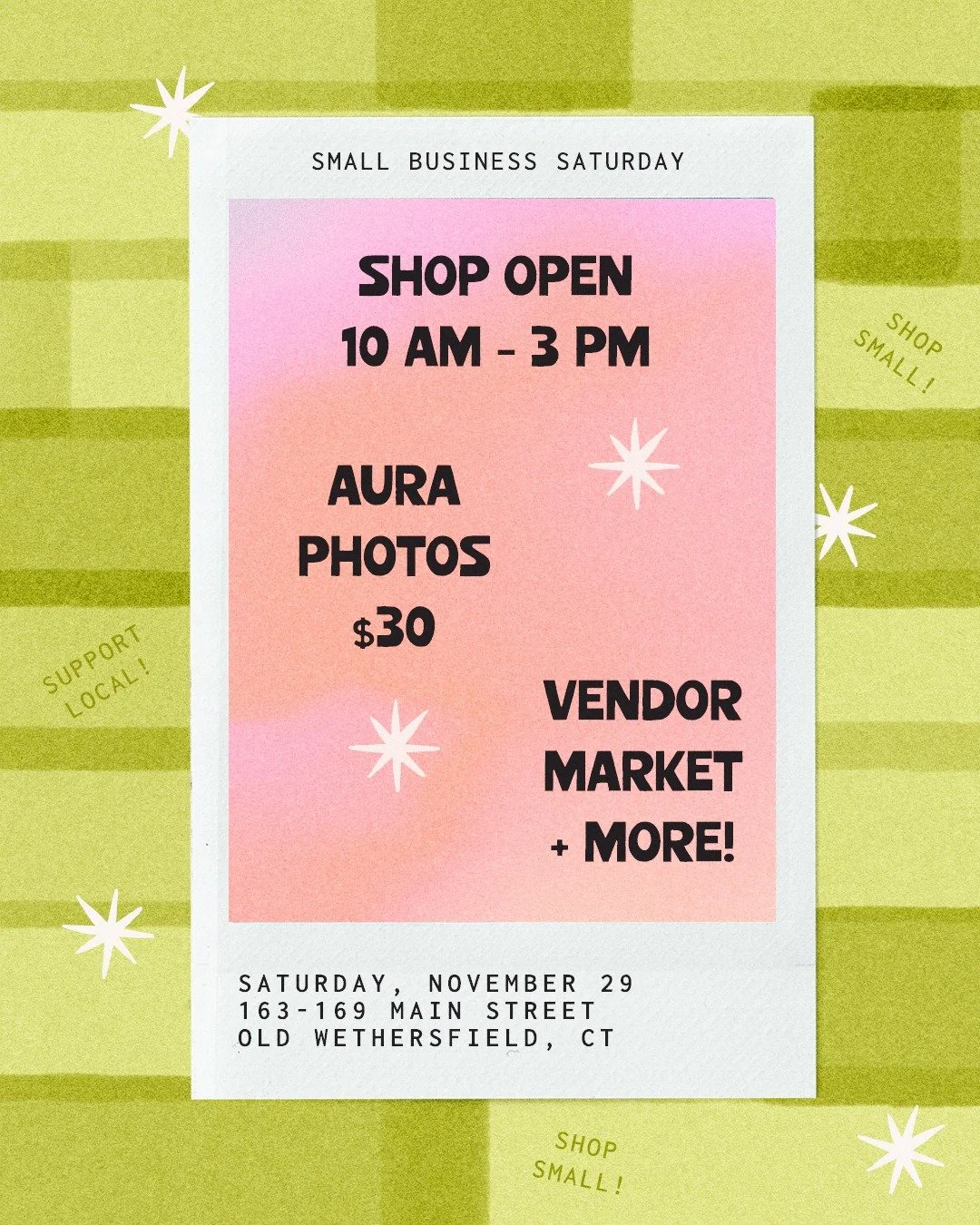 shop small + local on saturday, november 29 ✨

the shop will be open 10 am &ndash; 3 pm and stocked with gifts for the mystic on your list 🔮

@innerpeaceaura222 will be in the shop offering aura photos for $30 &mdash; the perfect way to see your ene