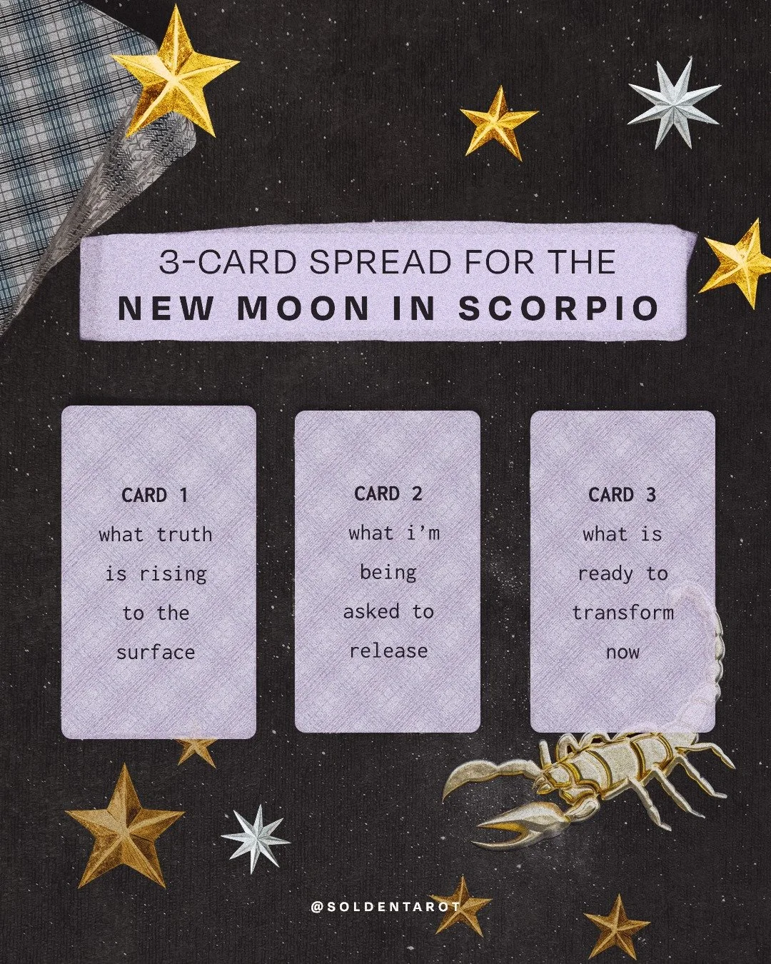 new moon in scorpio 🌚

take some time today, tomorrow, or whenever you&rsquo;re ready to grab your cards, maybe your journal, and try this spread to see what&rsquo;s rising for you under this new moon.

scorpio energy doesn&rsquo;t lie. it shows us 
