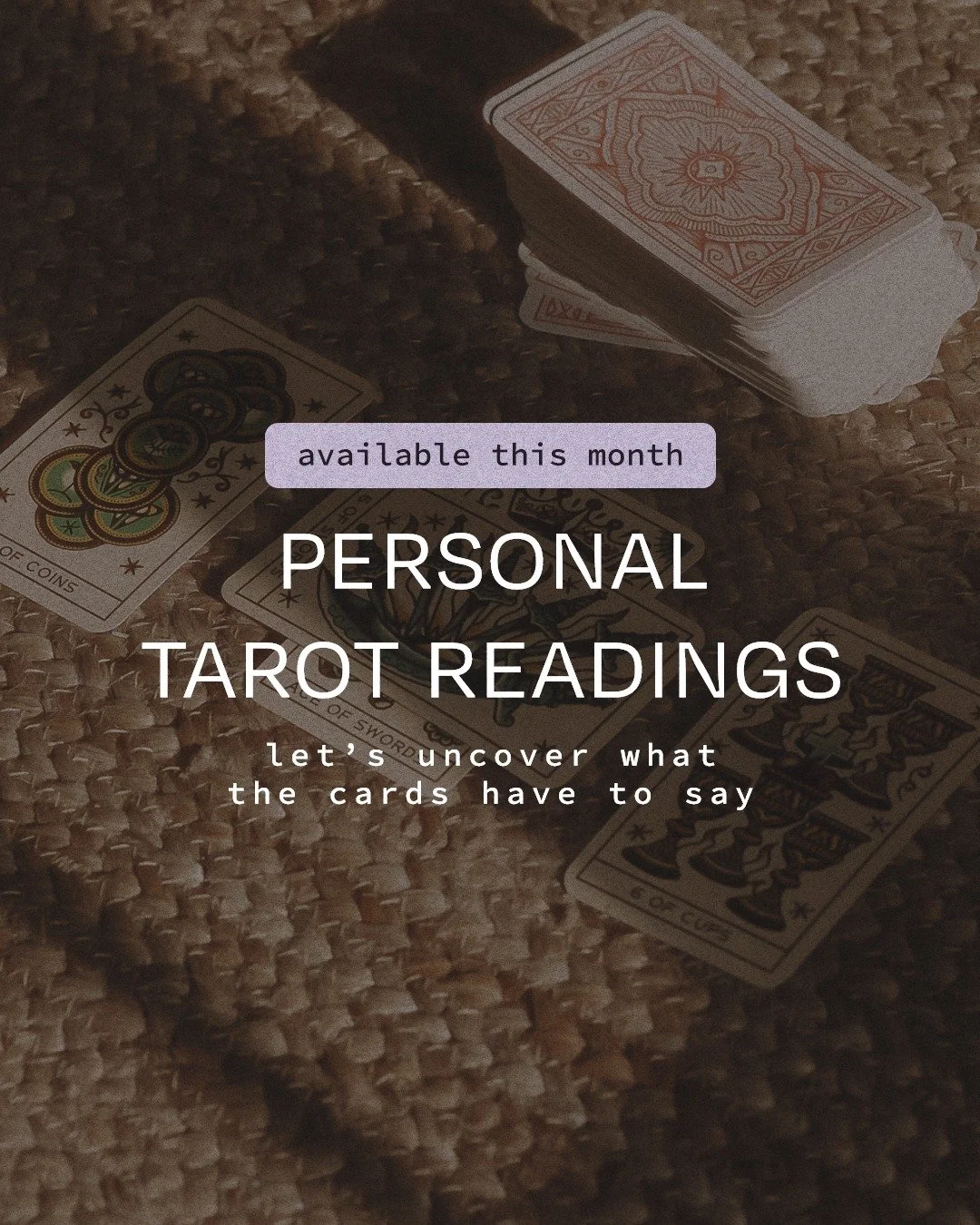 personal tarot readings are open.

if you&rsquo;ve been craving a reset, some clarity, or a quiet conversation with the cards, there are a few openings this month.

available dates:
friday, may 8 ・ 6&ndash;9 pm
saturday, may 9 ・ 1&ndash;5 pm
friday, 