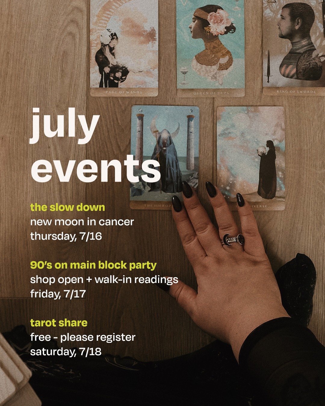 everything is happening next weekend. 💫

if you&rsquo;ve been craving a little more intention, connection, or community this month, here&rsquo;s what&rsquo;s coming up.

7/16 &bull; the slow down
a gentle yoga practice to honor the new moon in cance