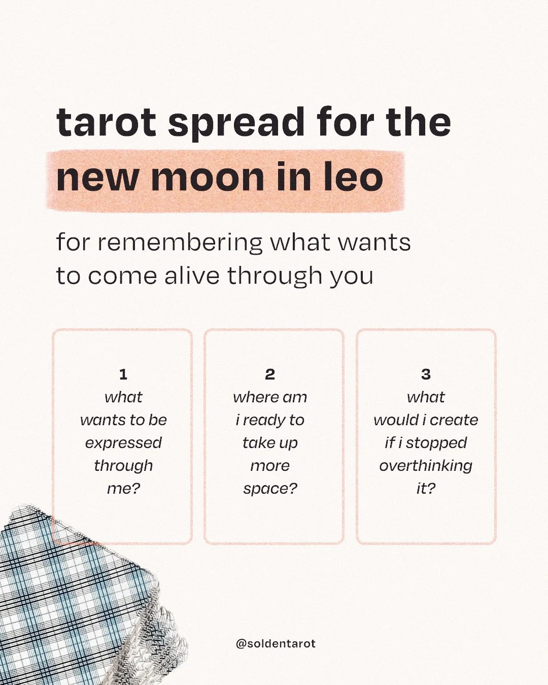 the new moon in leo feels like a good excuse to make something, say the thing, take up a little more space, or follow whatever has been making you feel more like yourself lately.

here are three questions to sit with today. pull some cards, write abo