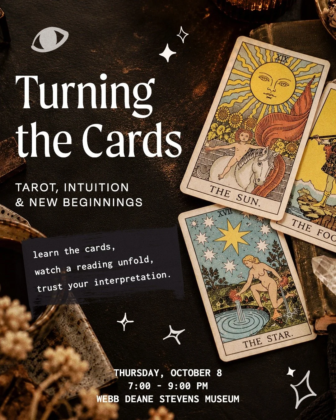i&rsquo;m really excited about this one 🥹 next thursday i&rsquo;ll be at the @webbdeanestevens  for turning the cards, an evening of learning, playing with, and reading tarot together.

we&rsquo;ll talk about the basics of the cards and how i approa