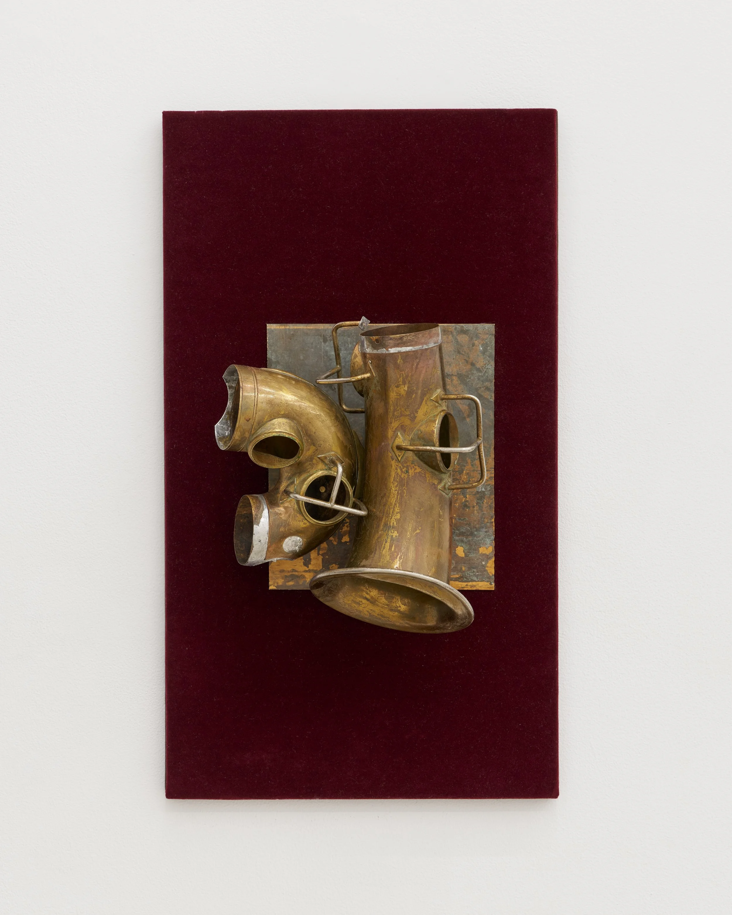 Gozié Ojini, Save Your Breath (Untitled), 2026. Altered brass instruments, velvet. 20 3/4 x 12 x 5 1/2