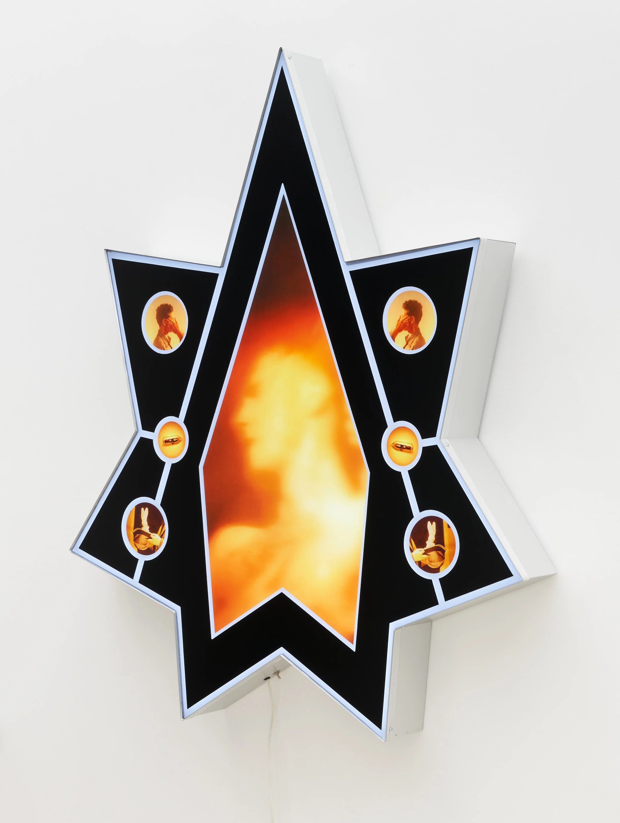 Nina Hartmann, Trickery and Deception Star (Destabilization Diagram)(Diagram 3), 2026.
Acrylic, LED Lights, Aluminum, UV print.
69 x 60 x 6 inches