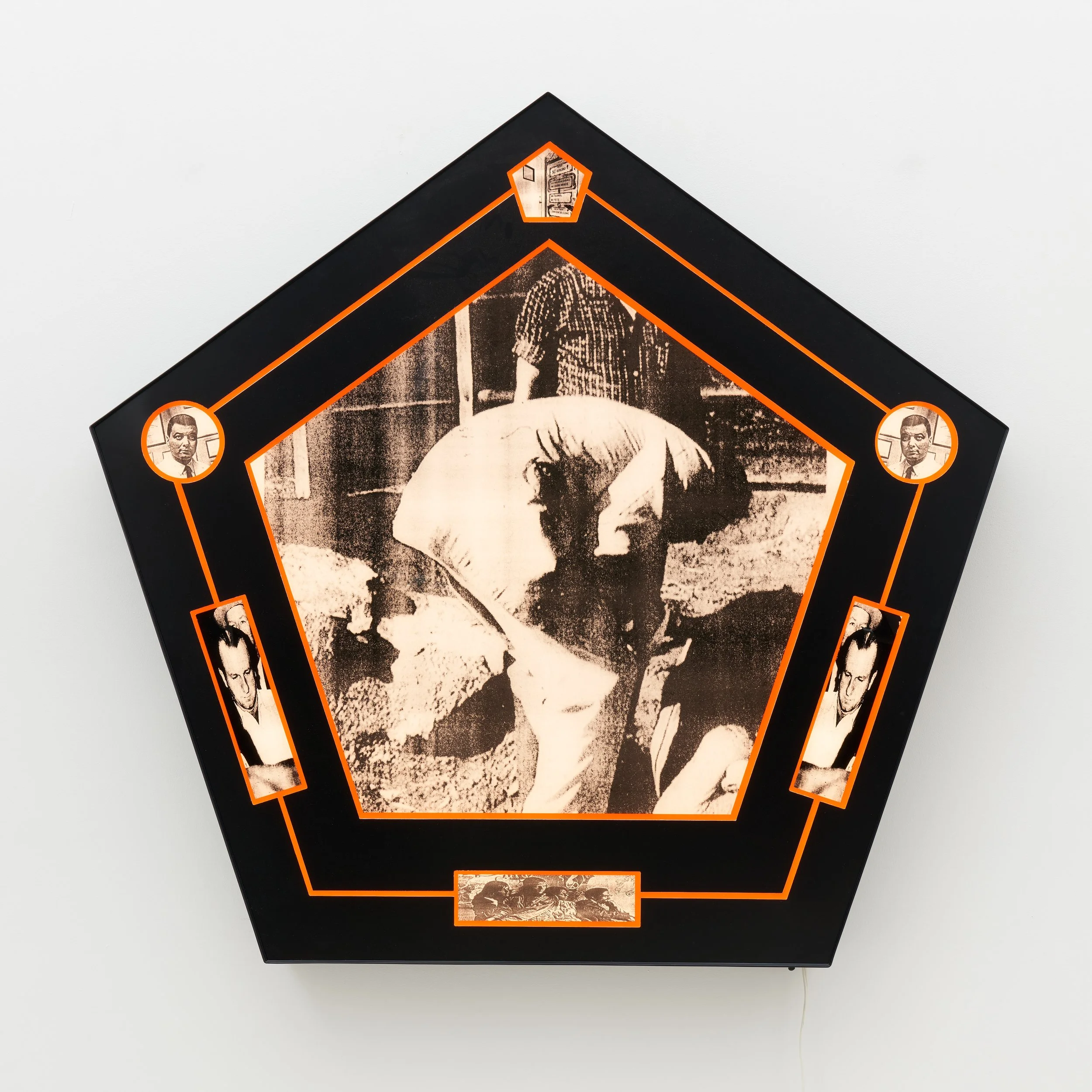 Nina Hartmann, (Potential) LSD   Mind Control Connections (Diagram 2), 2026.
Acrylic, LED Lights, Aluminum, UV print
49 x 47 x 4 inches