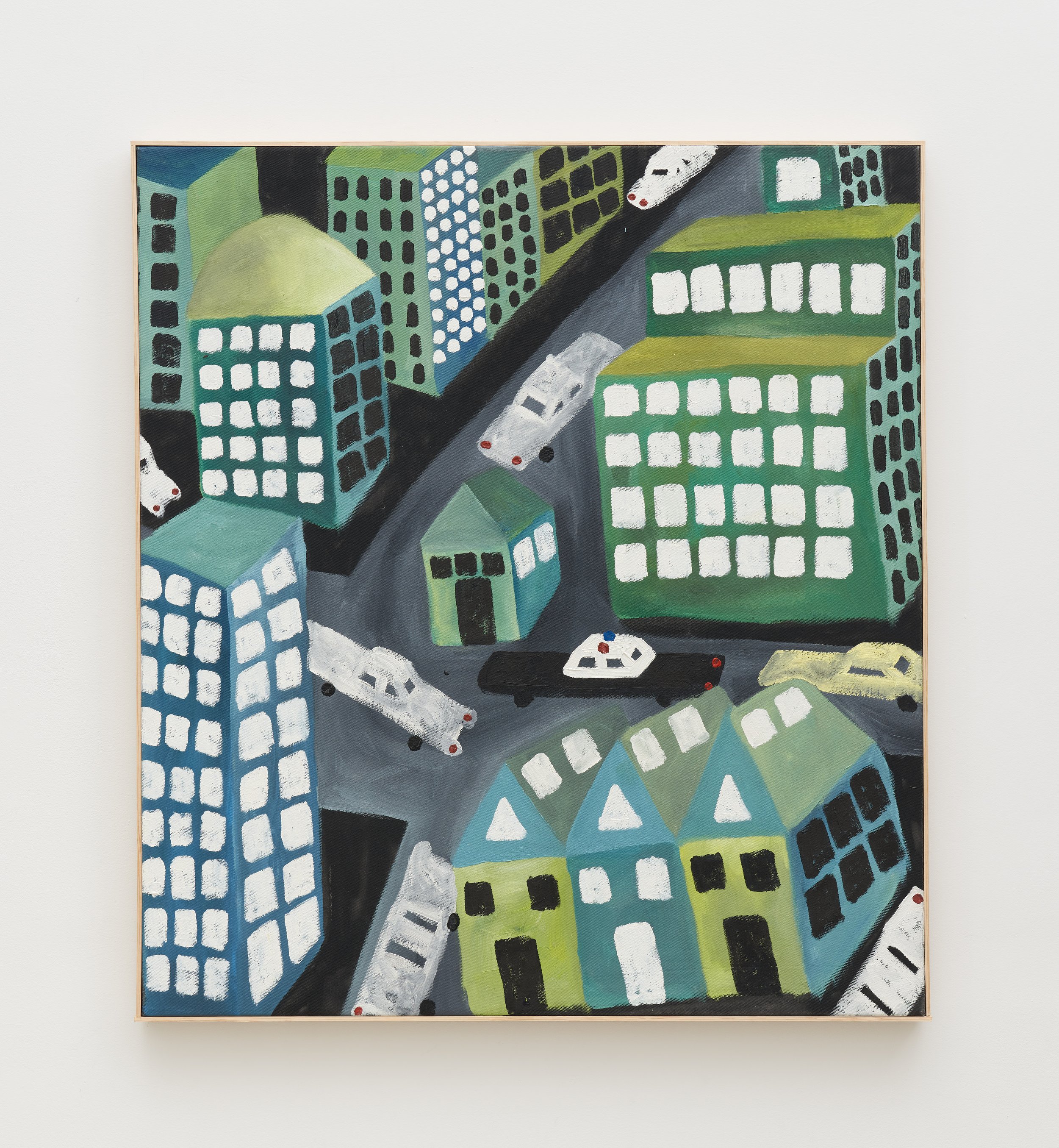 L.W.D., Untitled (Downtown Babylon), 2025. Oil and spray paint on canvas. 40 1/2 x 36 1/2 inches