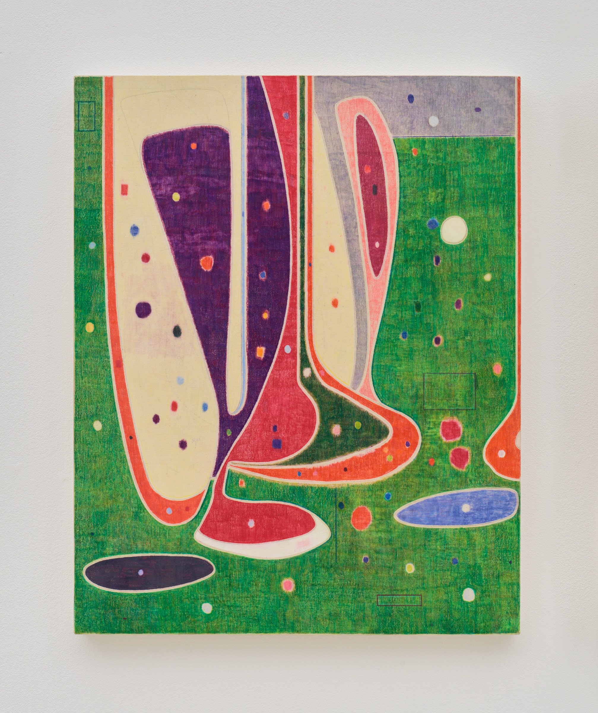 Magnetic Resonance, 2025, Acrylic and colored pencil on bed sheet over panel, 20 x 16 in | 51 x 41 cm