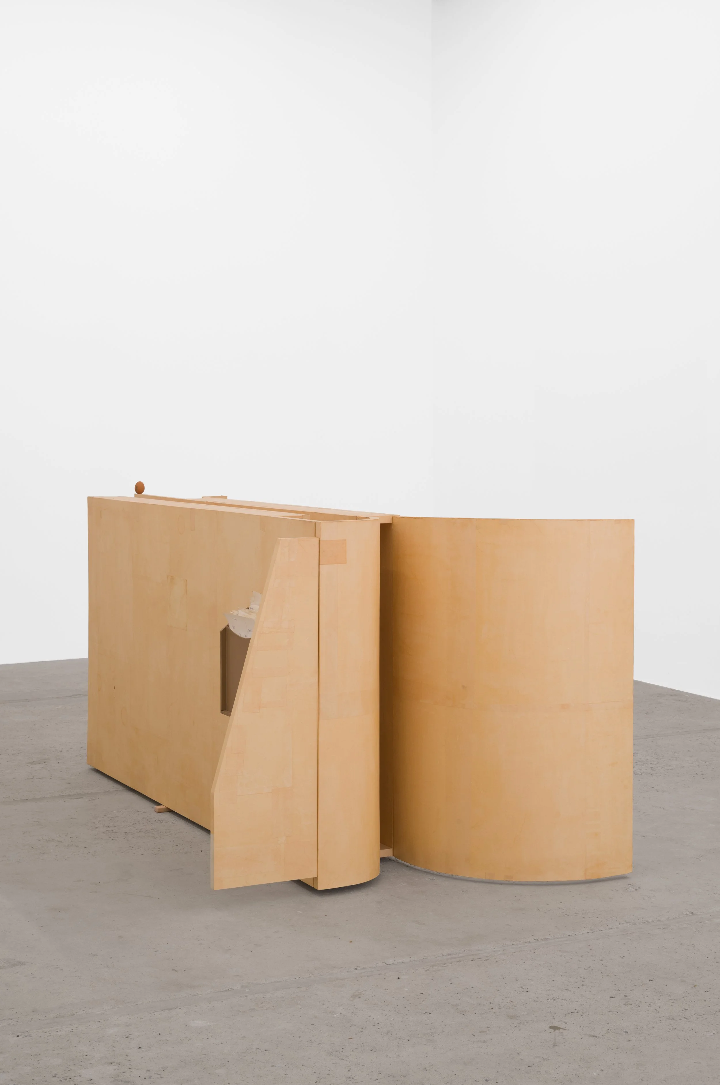 Janice, 2023, Pine, masonite, manila paper, rabbit skin glue, dowels, egg, found objects and preparatory drawings, 56 x 45 x 107 in | 142 x 114 x 271 cm