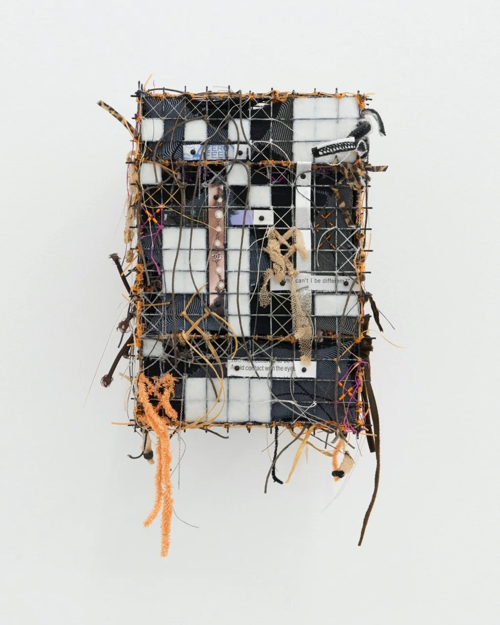 Void #2 (Daughter), or Her Eleventh Year, 2025,
Wire fencing, enamel paint, silver leaf buffing wax, encaustic wax, cosmetic pigments, glitter, mini brads, nylon thread, silk thread, tights, galvanized steel wire, American Apparel bralette, Calvin Kl