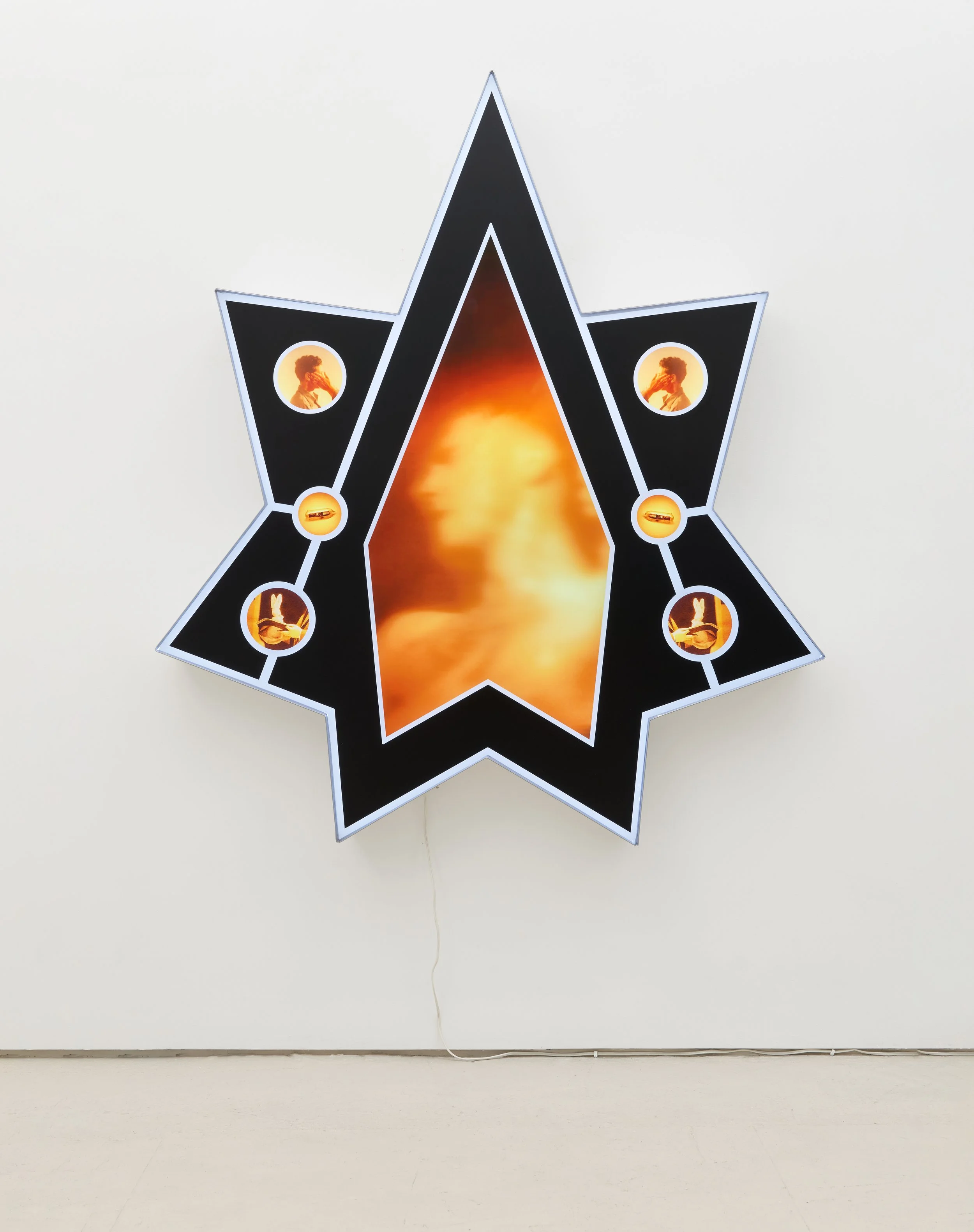 Nina Hartmann, Trickery and Deception Star (Destabilization Diagram)(Diagram 3), 2026. Acrylic, LED Lights, Aluminum, UV print. 69 x 60 x 6 inches