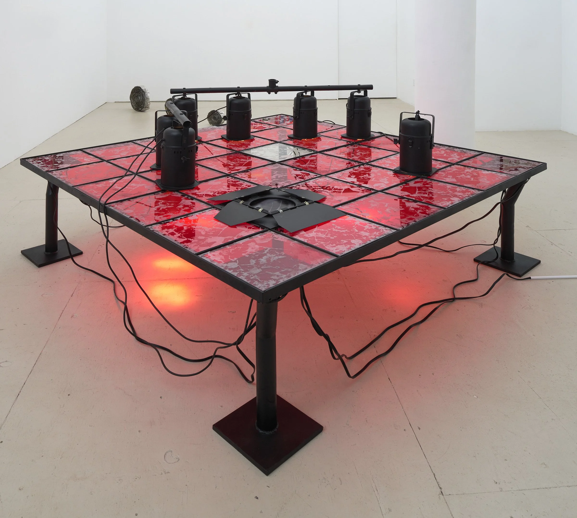 Jesús Hilario-Reyes, Untitled Dancer, 2025, Steel, Stained Glass, Salvaged Lighting System, Premium Luster Print, Light Aperture, Aluminum, 38.5 x 72 x 72 inches