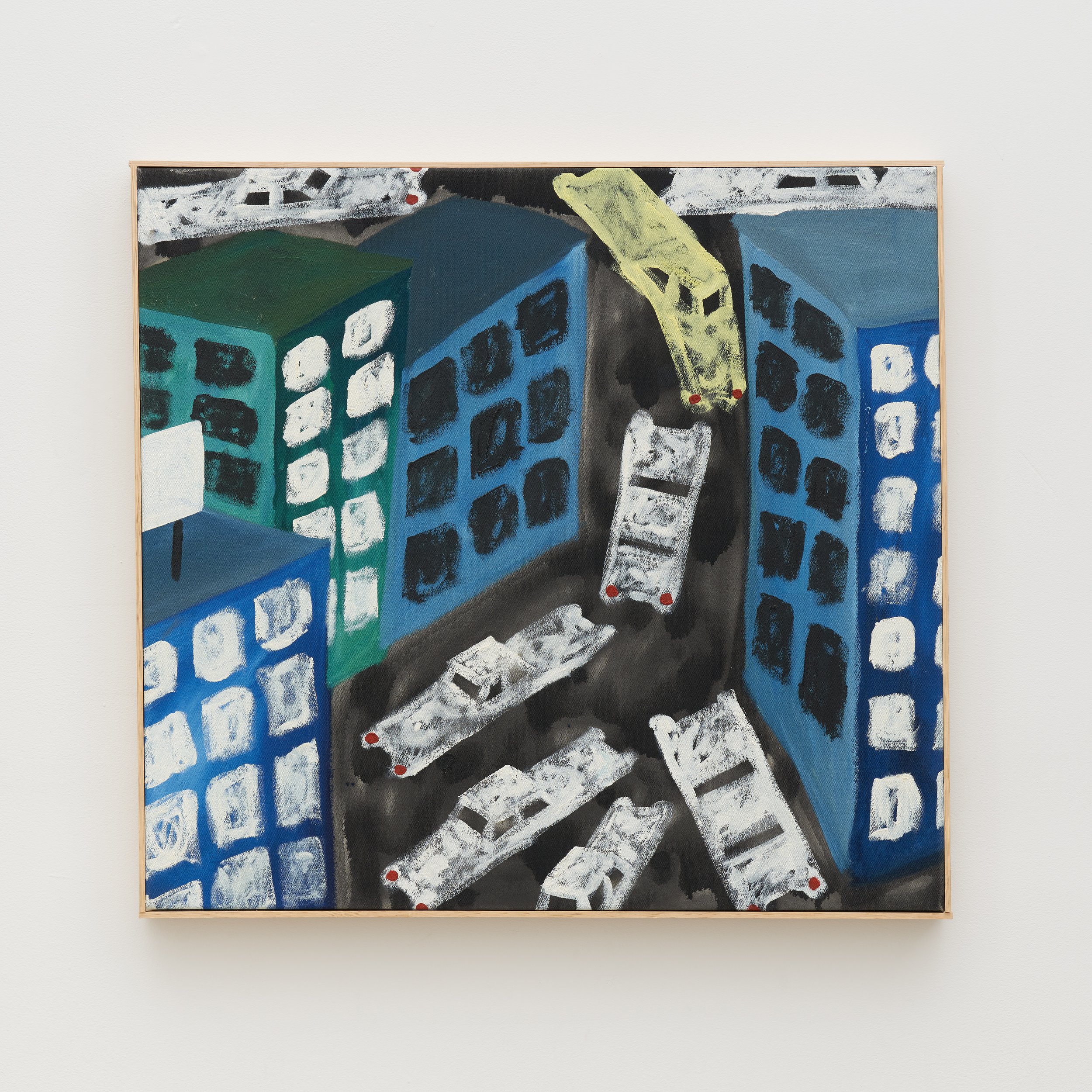 L.W.D., Untitled (Downtown Babylon), 2025. Oil and spray paint on canvas. 26 1/2 x 28 1/2 inches